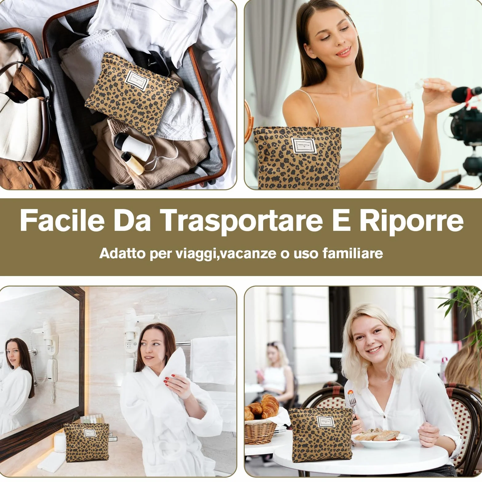 VEGCOO 2 Pezzi Borsa per Cosmetici per Donna, Stampa Leopardo Pochette con Cerniera Trousse Trucchi Organizer, Pochette Trucchi Viaggio per Regalo Compleanno Natale (Leopardo B)