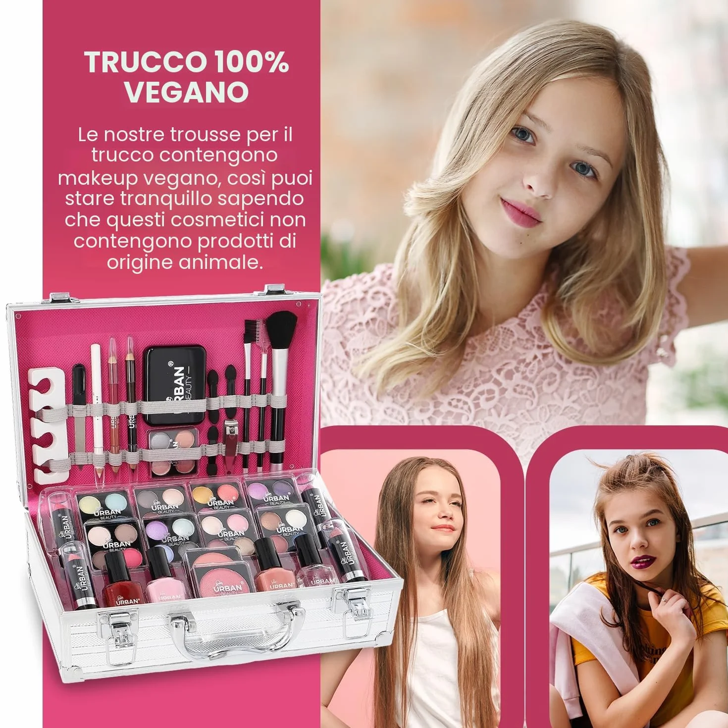 LOVE URBAN BEAUTY Trousse per trucchi – Set trucco da 64 pezzi per adolescenti – Elegante scatola d'argento – Design compatto e leggero – Set trucco da donna adatto ai viaggi