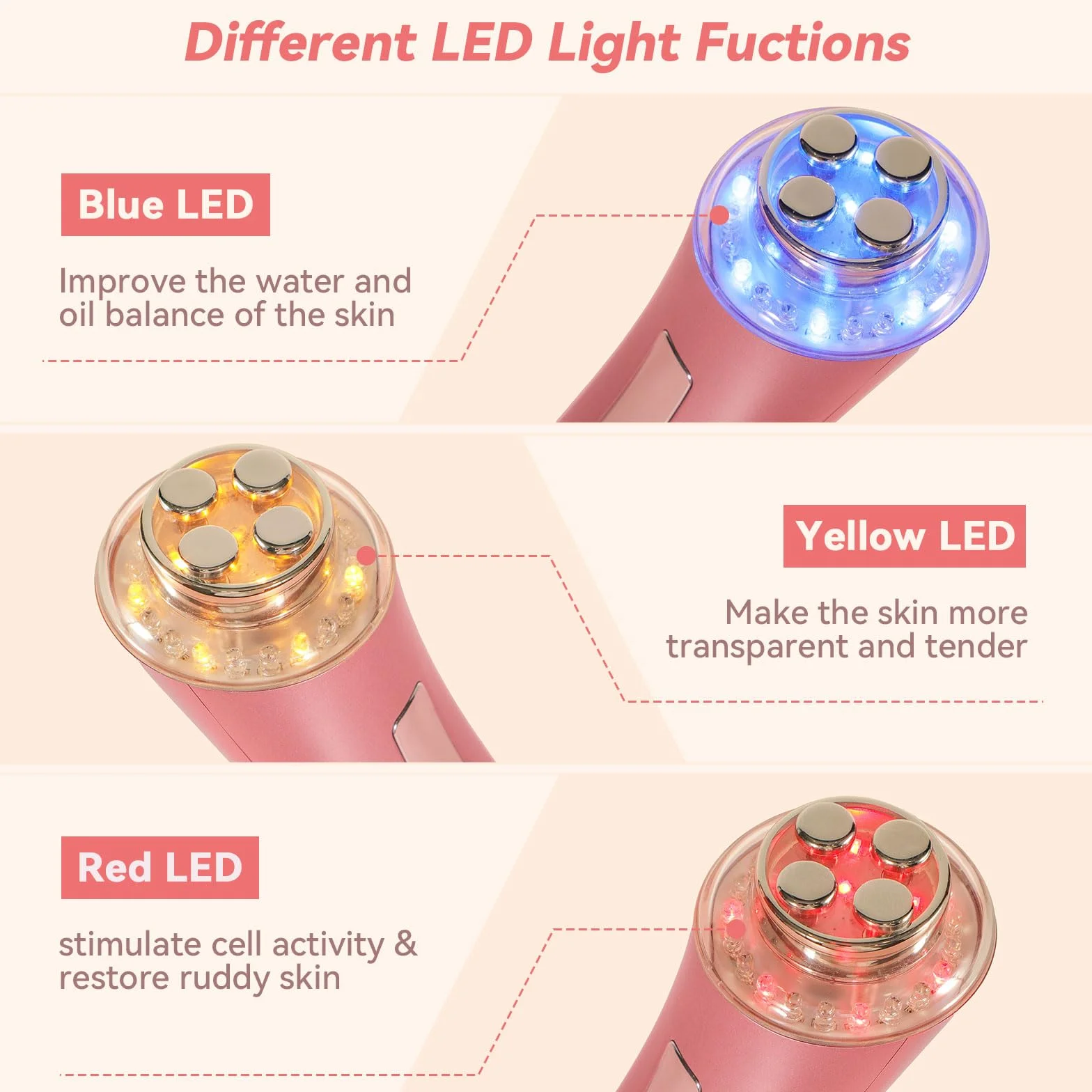 CARER BEAUTY Massaggiatore Viso Radiofrequenza Dispositivo di Bellezza Viso Anti-Rughe con Terapia a 3 Luci LED per Ridurre le Rughe Anti-Invecchiamento e Rassodare la Pelle