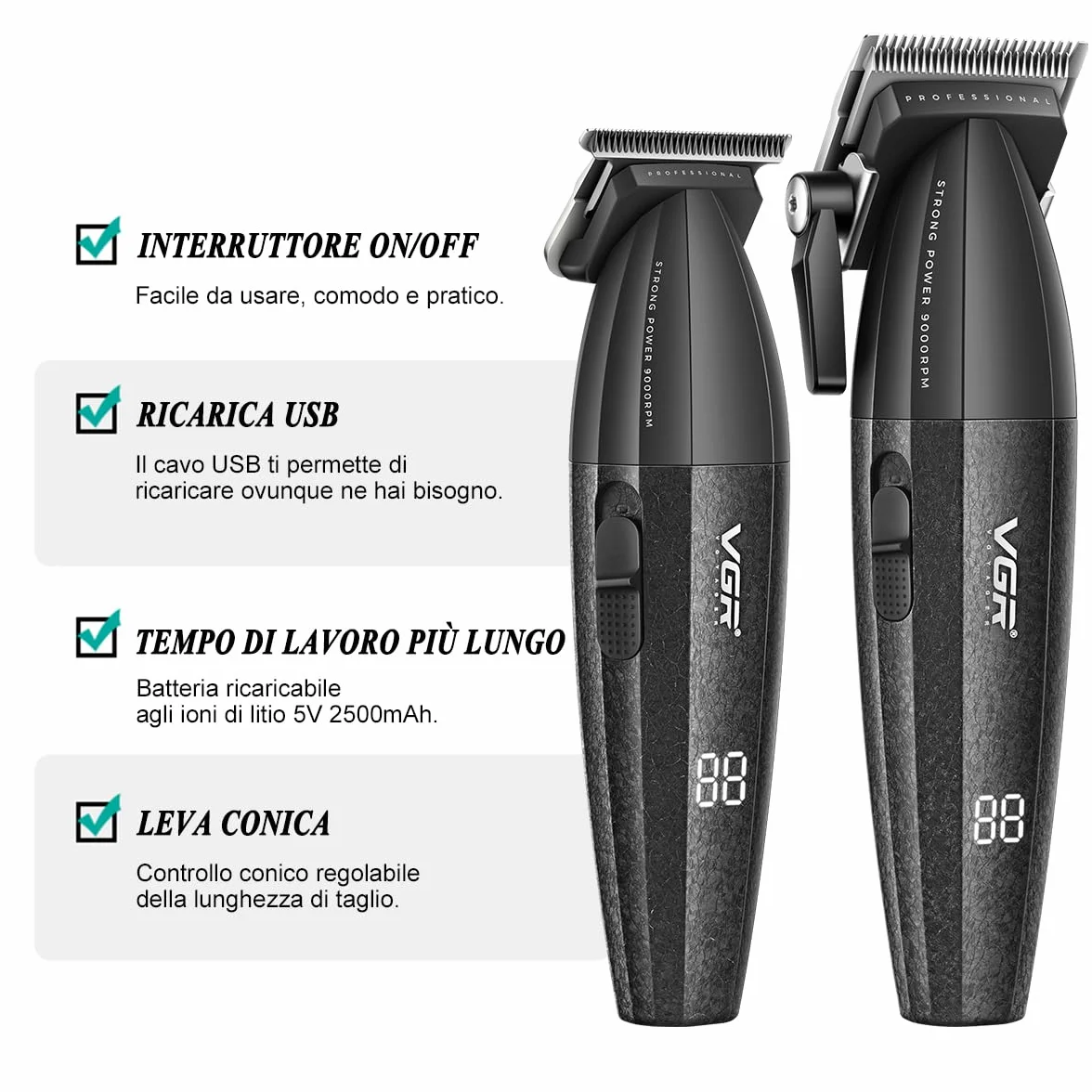 VGR 640 Tagliacapelli Professionale Per Uomo, Set Di Tagliacapelli E Trimmer Senza Fili, Zero Gap T-Blade, Lama In Ceramica DLC, Kit Barbiere Di Alta Qualità Con Display LED (Nero)