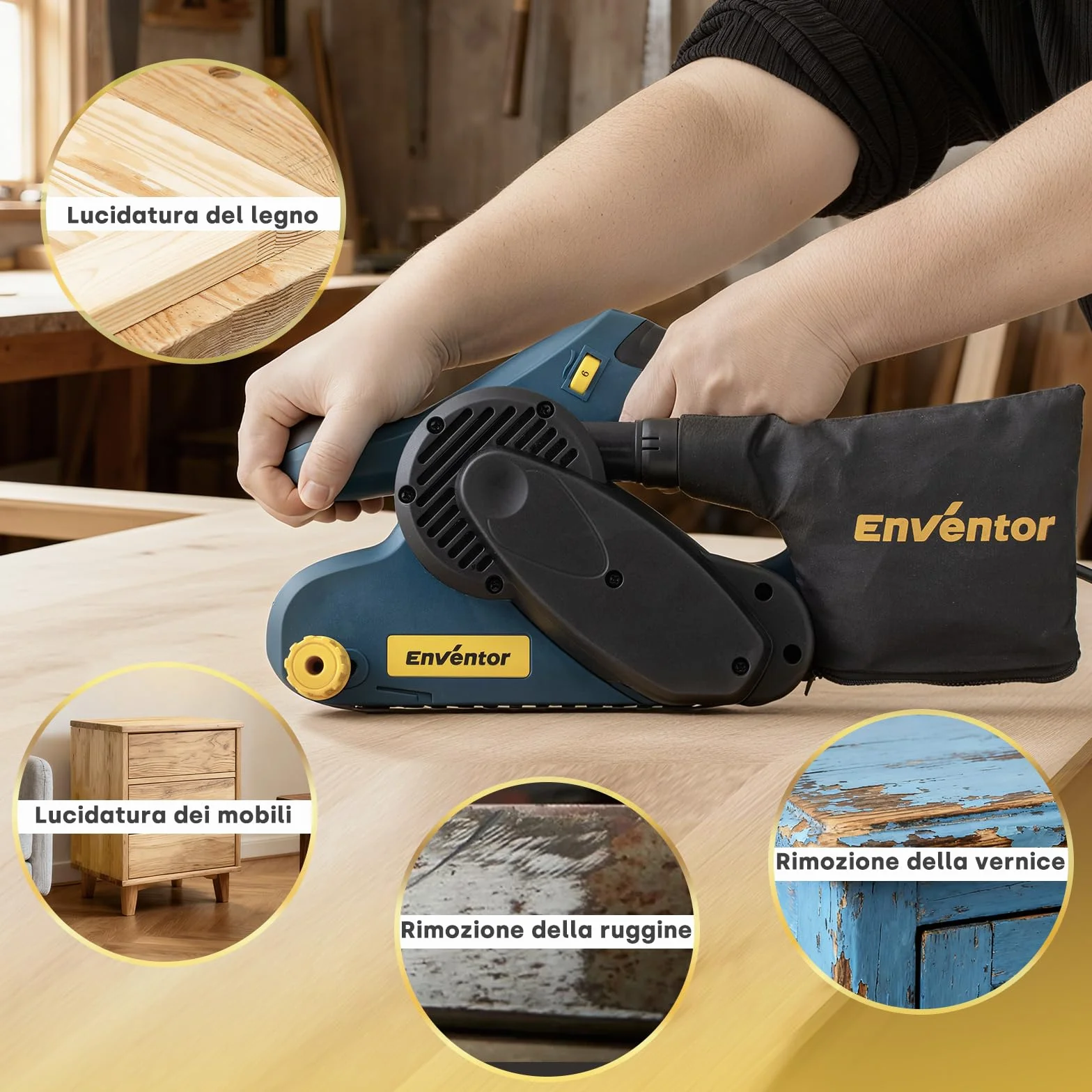 Enventor Levigatrice a Nastro 950W 6 Velocità 120-380m/min 12 Nastri Abrasivi 76 x 533mm Sacchetto Raccoglipolvere