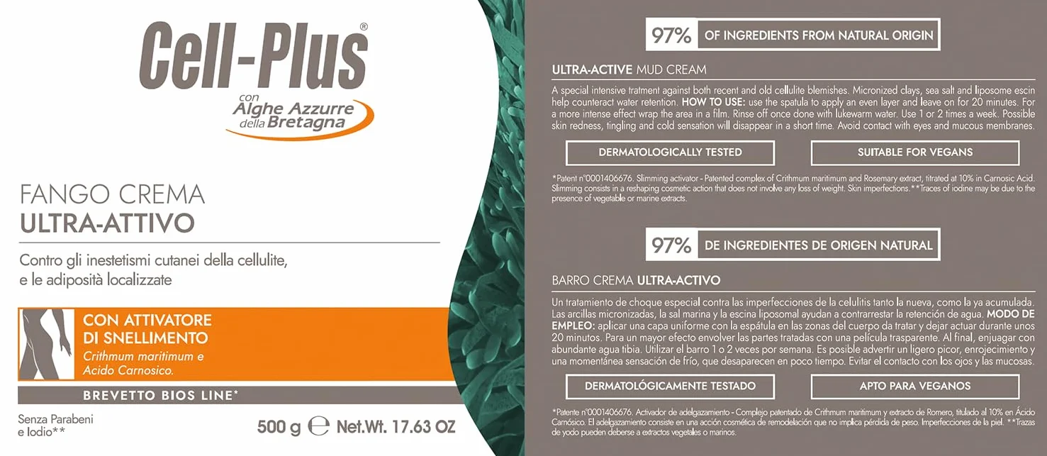CELL PLUS Fango Crema Ultra-Attivo 500g, Trattamento Contro Cellulite e Adiposità Localizzate, Riequilibra Microcircolazione