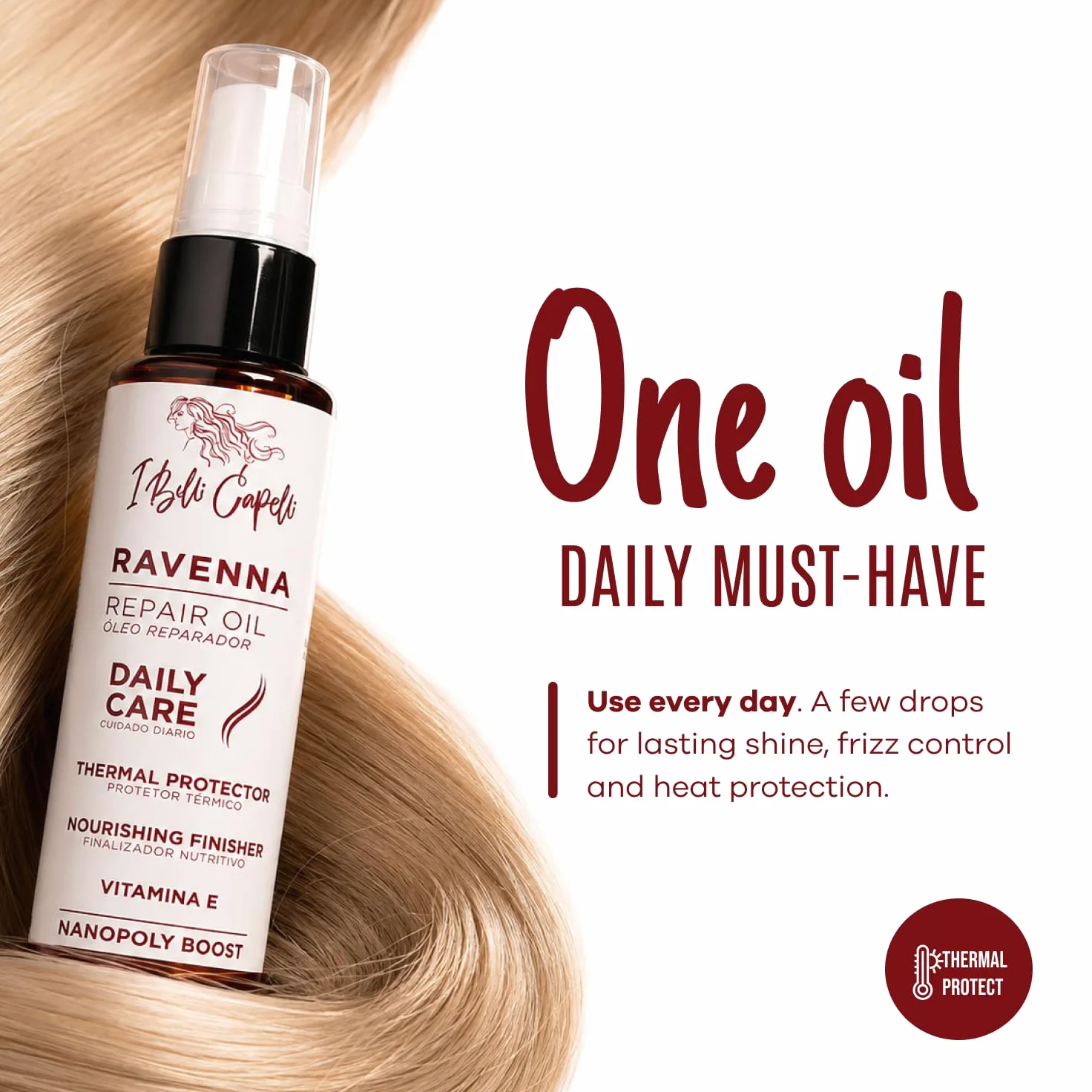 I Belli Capelli Ravenna Olio Capillare per Capelli Crespi – Riparazione delle Doppie Punte, Protezione dal Calore e Idratazione Profonda – Oli di Macadamia, Avocado e Cocco per Capelli Danneggiati, Se