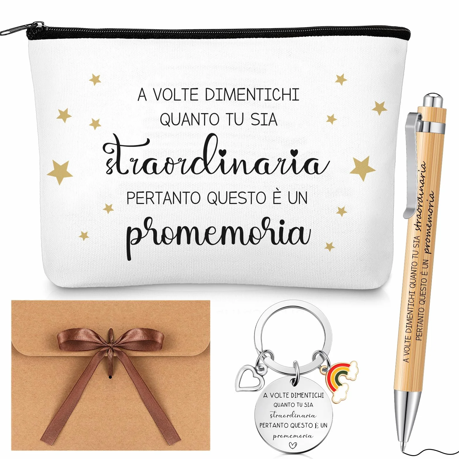 Set Regalo Motivazionale Portachiavi Regalo Ispiratore Citazione Ispiratrice Borsa per Trucco Penna a Sfera con Sacchetto Regalo per Collega e Amica Compleanno Natale Regalo(Bianco,Legno)