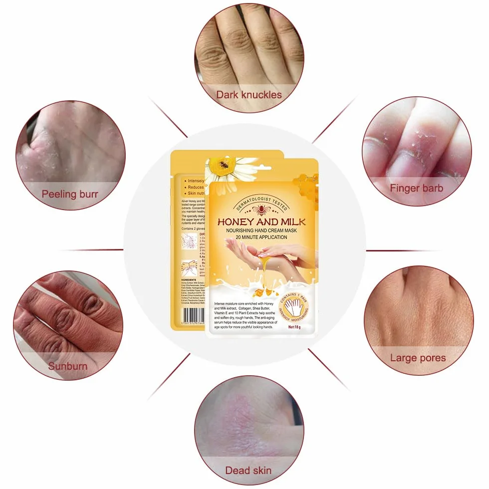 Maschera Per Le Mani Guanti, 5 Paia Maschera Idratanti Per Mani Esfoliante al Miele con Estratti Vegetali Naturali, Collagene, Sbiancanti e Antietà, Riparazione Della Pelle Ruvida (Miele e latte)