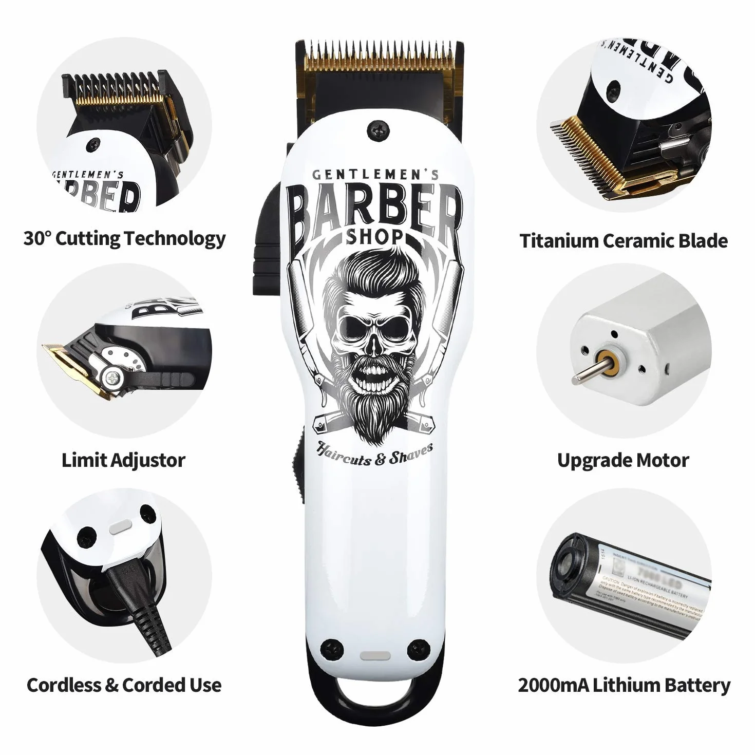 BESTBOMG Tagliacapelli Uomo Professionale Regolabarba Uomo Tagliacapelli Elettrico Ricaricabile con Pettine di Precisione 2000mAh Batteria Ricaricabile per Bambini Adulti Anziani Pet Salone (Bianco)