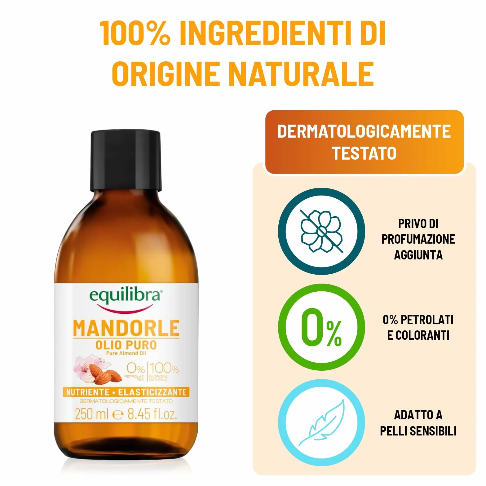 Equilibra, Olio di Mandorle Puro, Olio di Mandorle Dolci, Protettivo, Nutriente ed Elasticizzante, Aiuta a Prevenire le Smagliature in Gravidanza o Durante una Dieta Ipocalorica, 250 ml