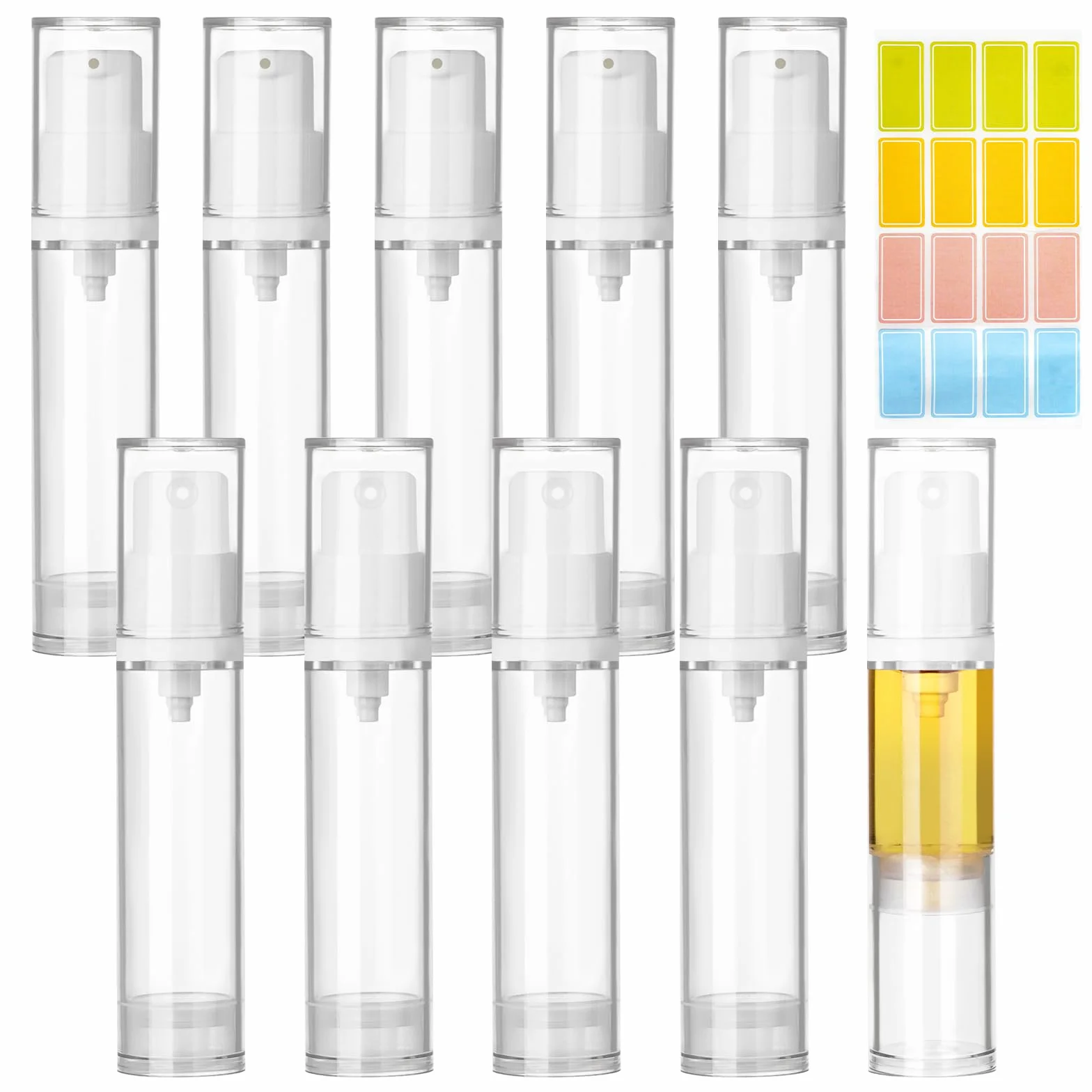 Leikedun 10 flaconi vuoti a pompa airless da 10 ml, ricaricabili, trasparenti, da viaggio, contenitori per cosmetici, con adesivi, per fondotinta, essenza, crema, lozioni, articoli da toeletta