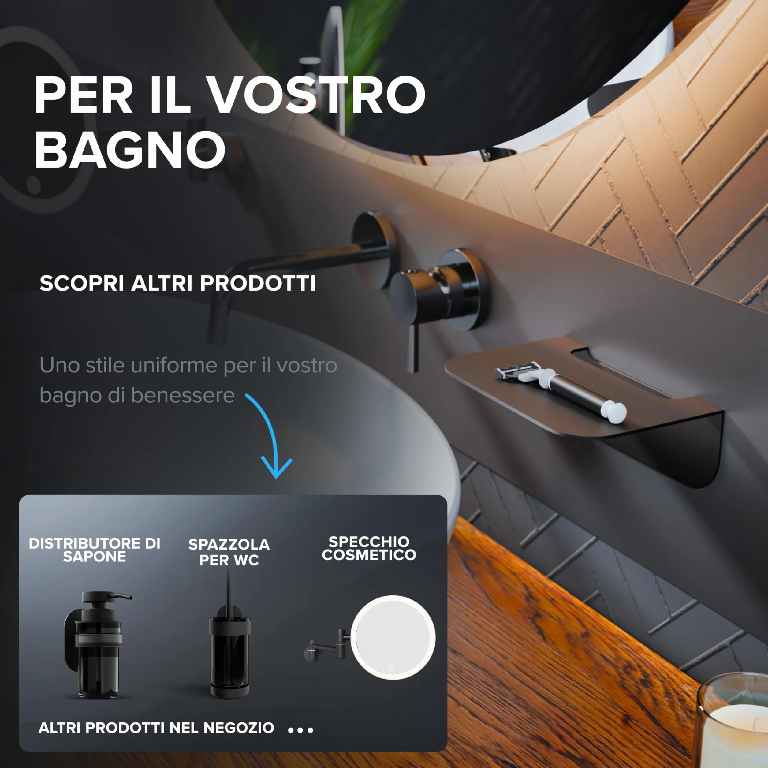 Mensola da bagno in acciaio inox nero opaco senza foratura Ovimar Gimsoya