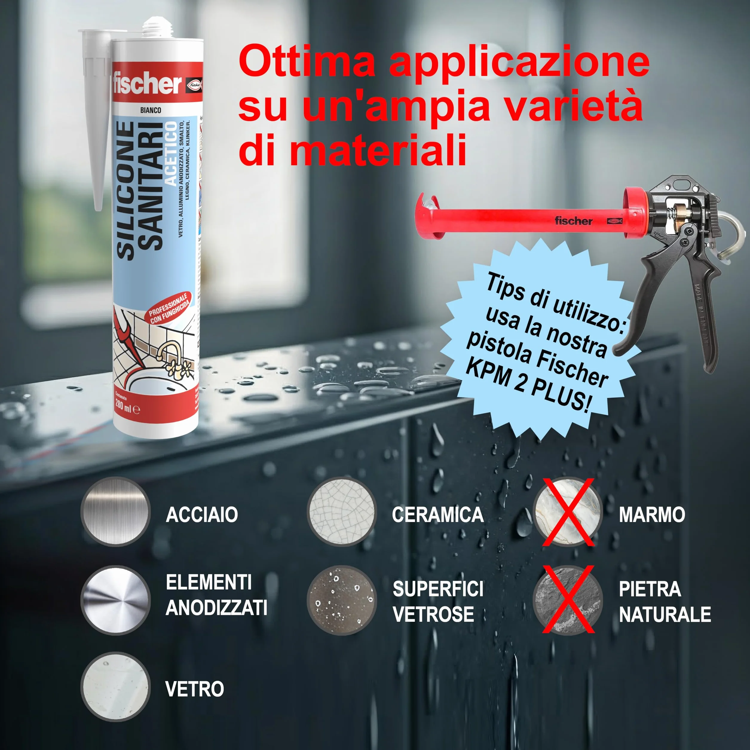 Fischer SAS Silicone Sigillante Antimuffa Acetico 9362 per Sanitari e Cucina