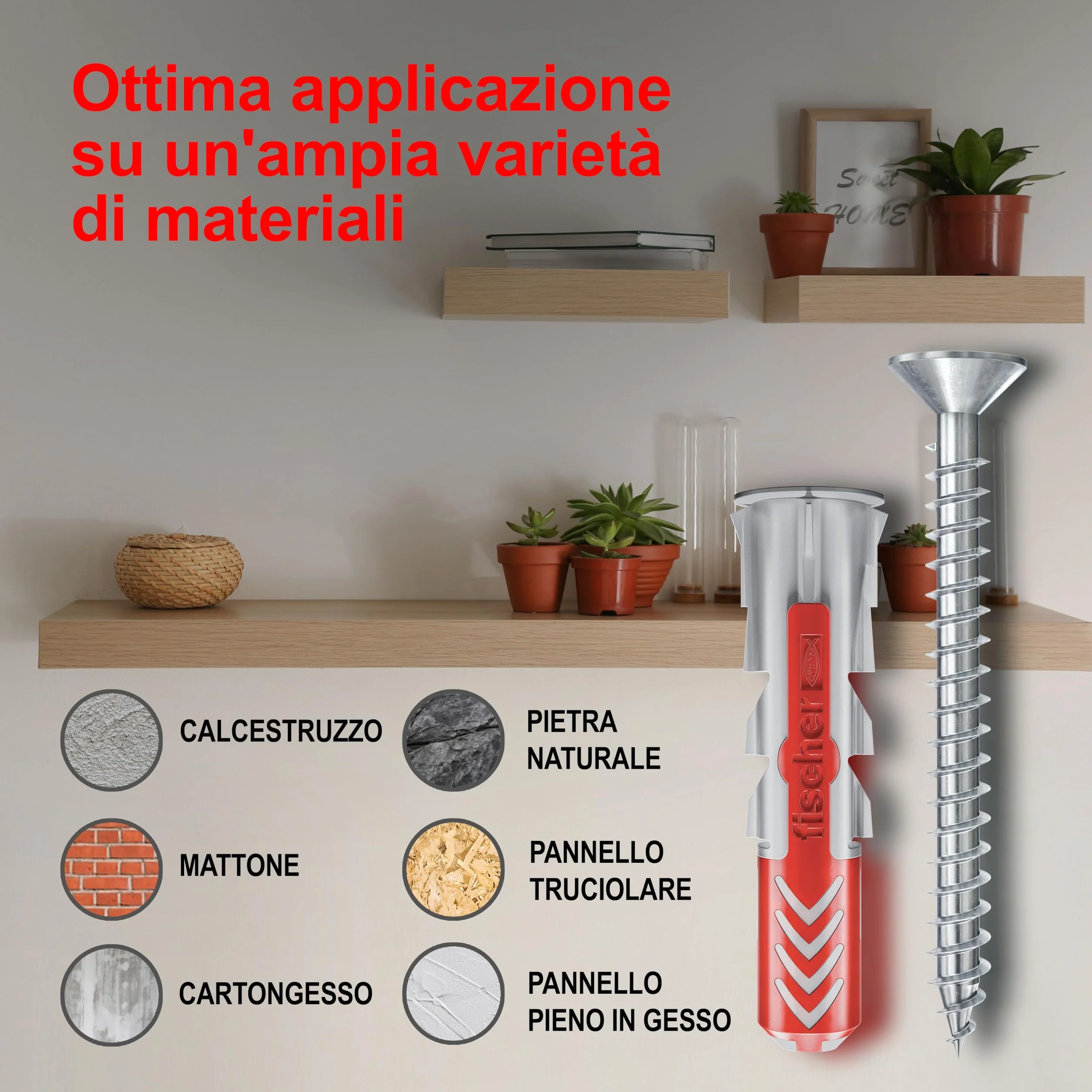 Fischer DuoPower Tasselli con Vite 6x30 mm 100 pezzi per Muro pieno Mattone Forato Cartongesso