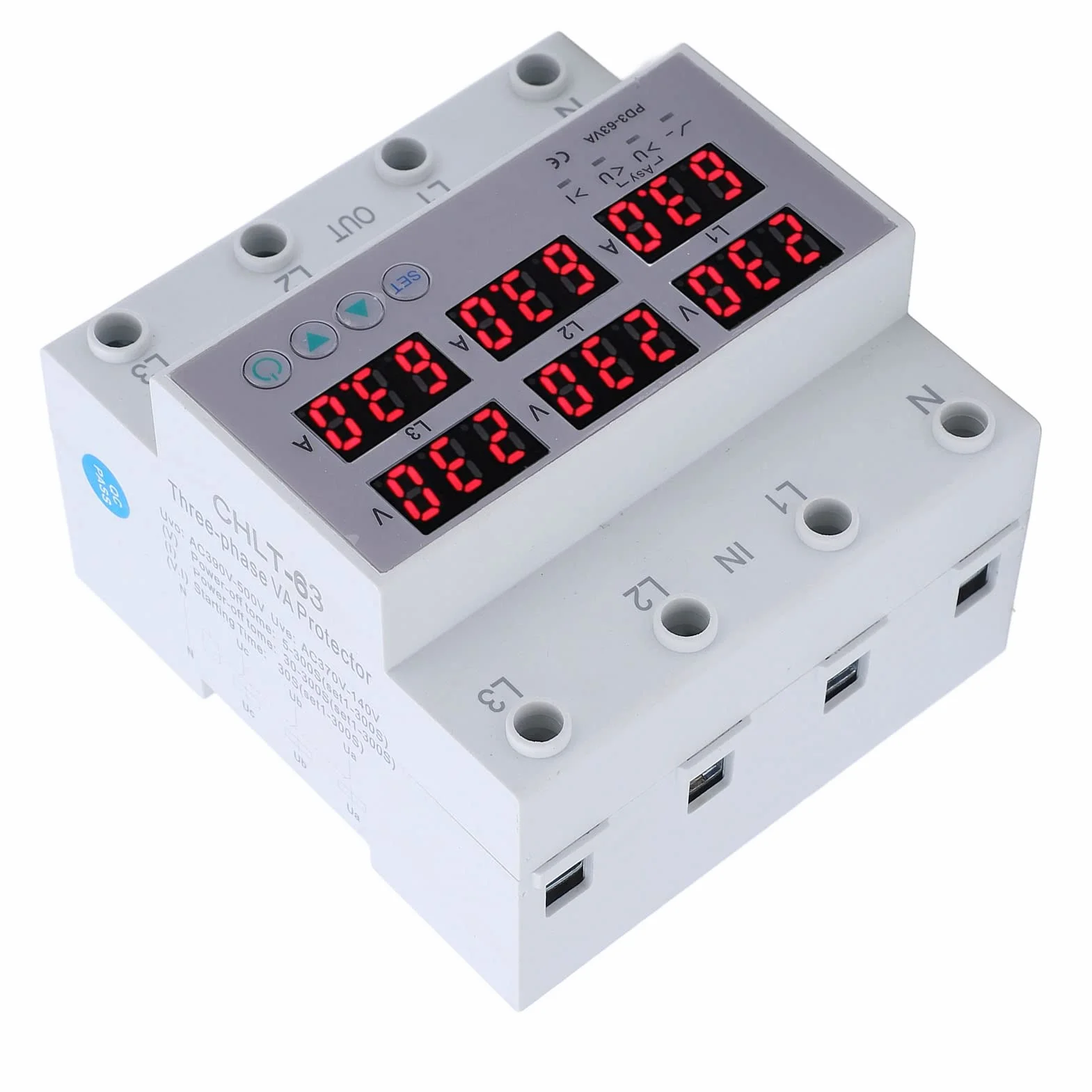 Voltmetro trifase AC 390-500V guida DIN 63A amperometro protezione sovratensione sottotensione regolabile