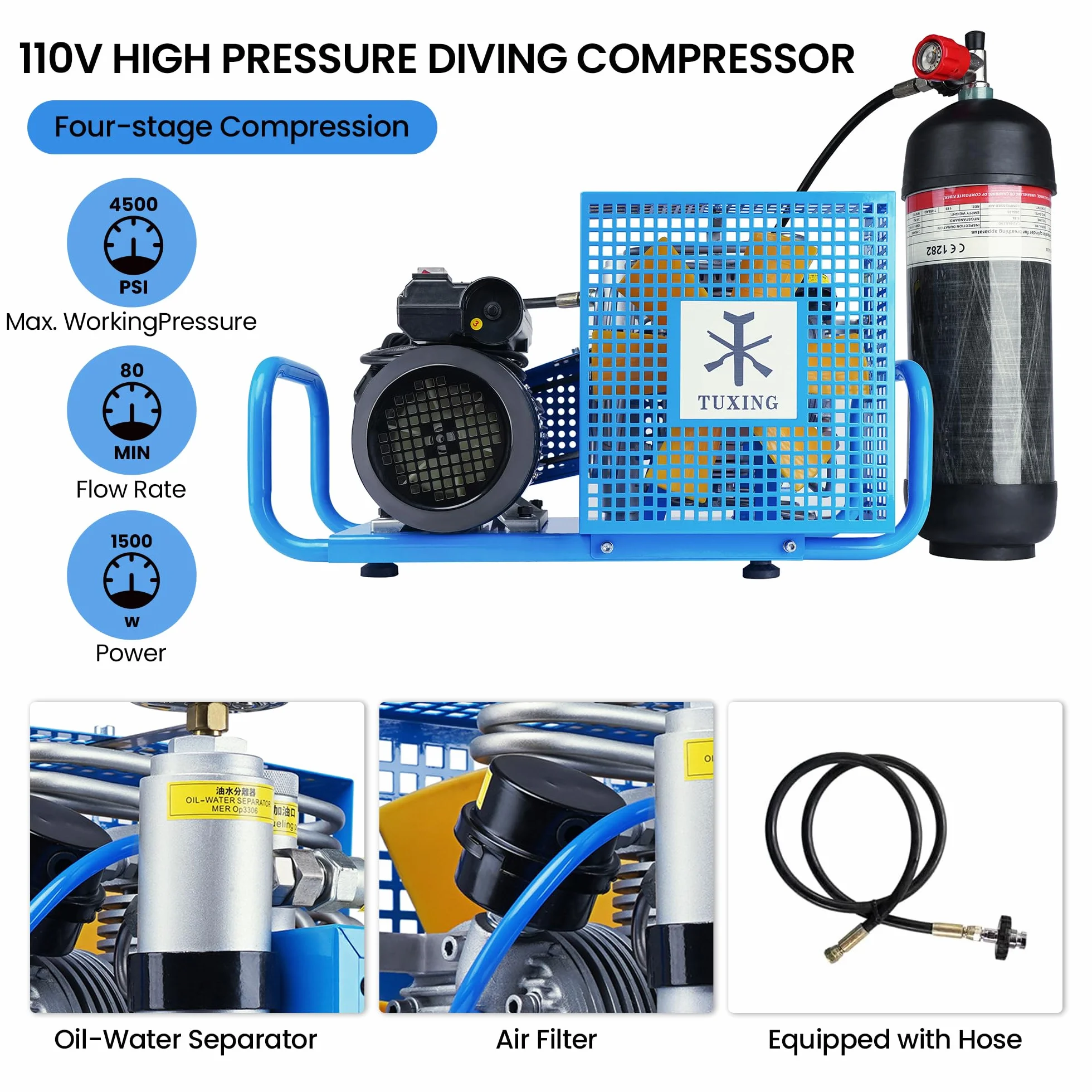 TUXING Compressore d'aria PCP 4500 PSI 300 Bar Alta Pressione per Bombole Immersione Fucile Pistola Paintball