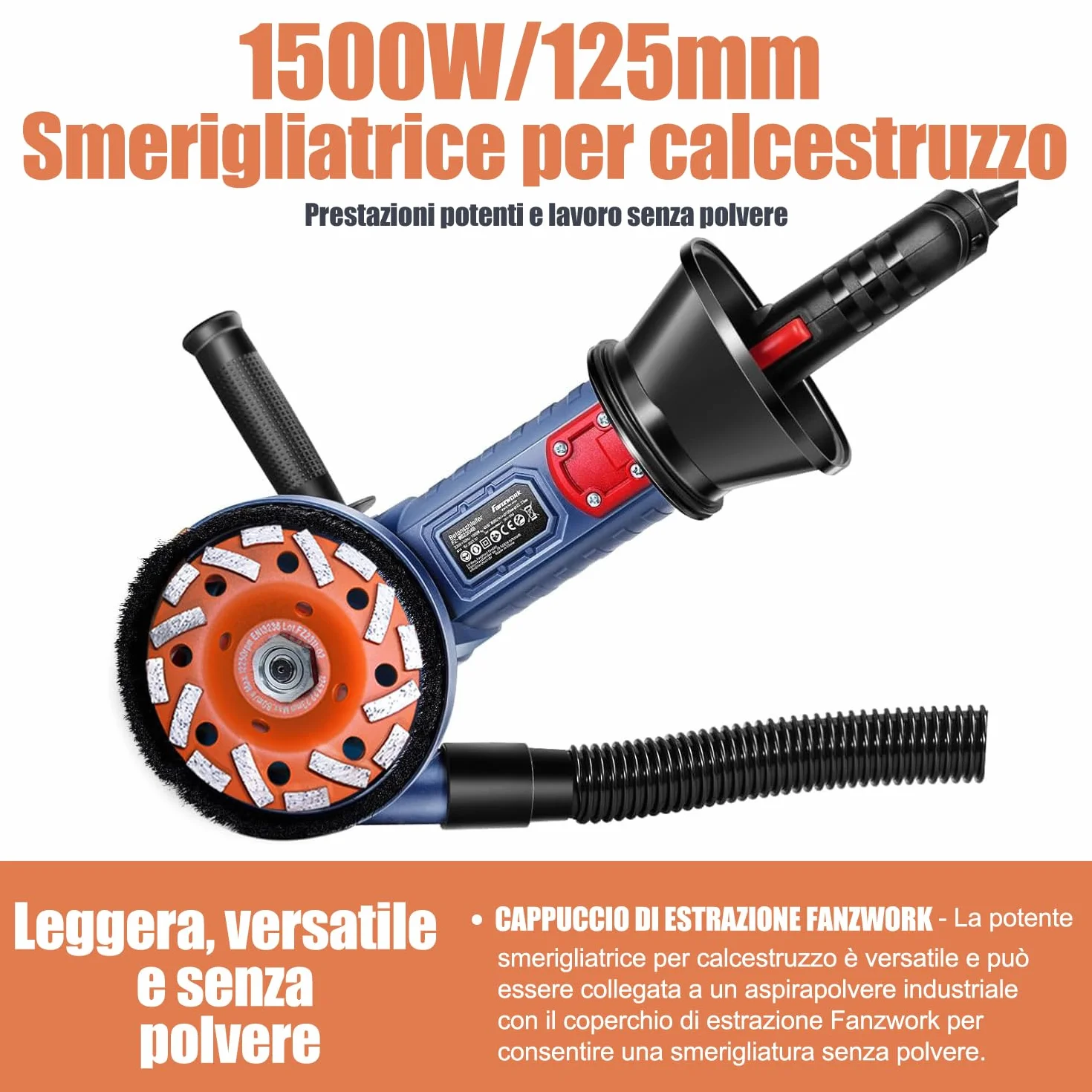 FANZWORK Levigatrice per Cemento 1500W, 2 Dischi Diamantati 125mm, Cappa Antipolvere, Manico a T, Velocità Regolabile