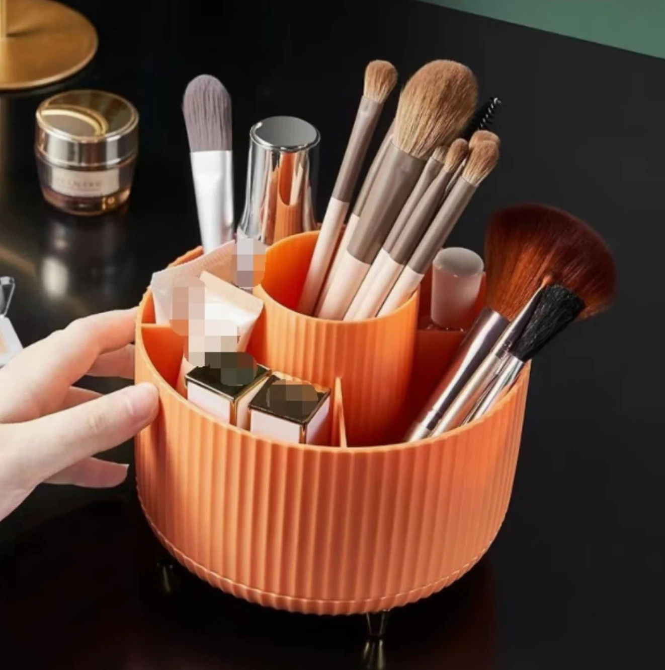 Porta Trucchi,Toeletta La Scatola di Immagazzinaggio per Cosmetici da Tavolo Ruota Il Cestino Articoli Vari Organizer per Trucco Multifunzione(Oranje)