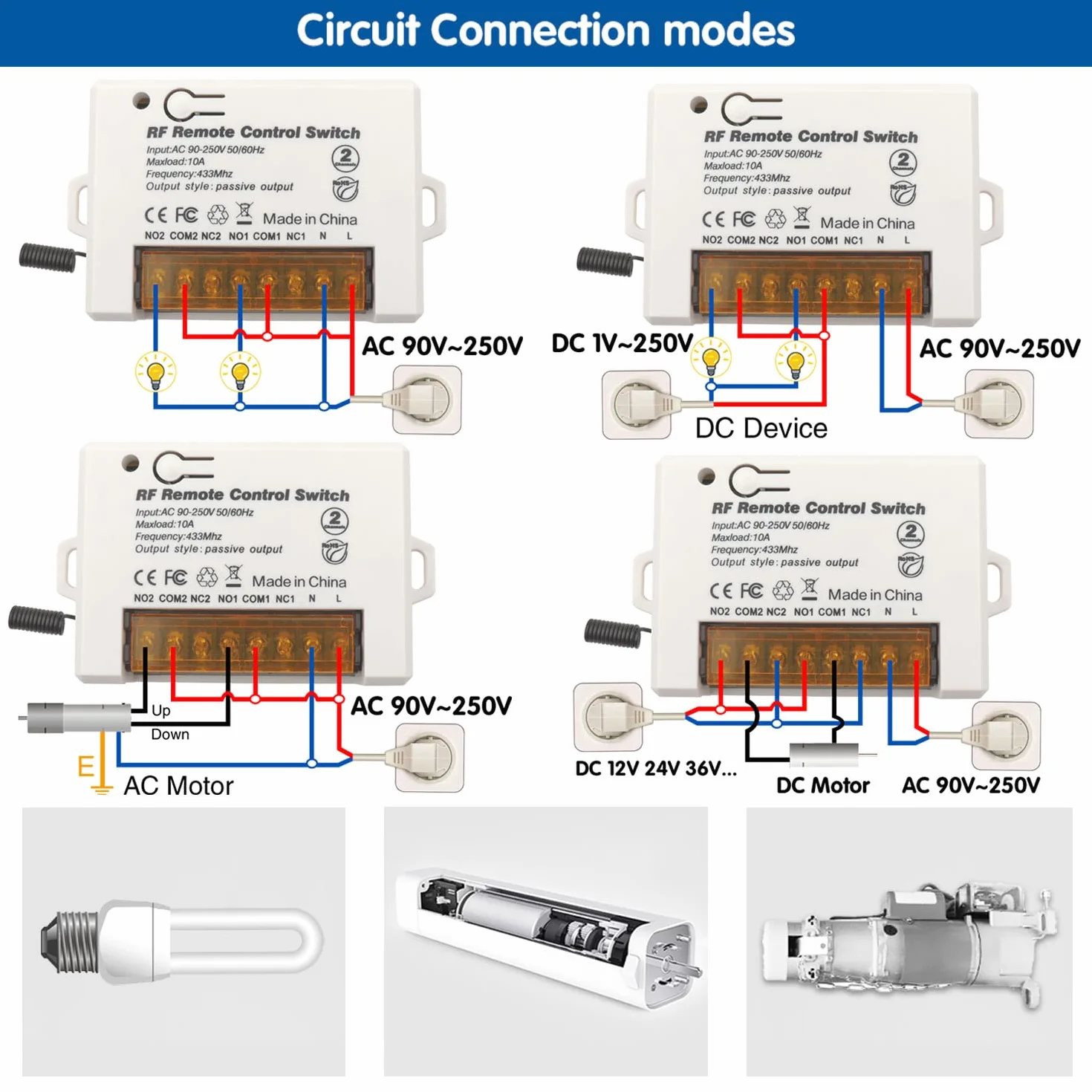 DieseRC 2 Canali Interruttore Telecomando Senza Fili 433 MHz RF 220V 230V 10A Relè Ricevitore con 2 Trasmettitori Portachiavi