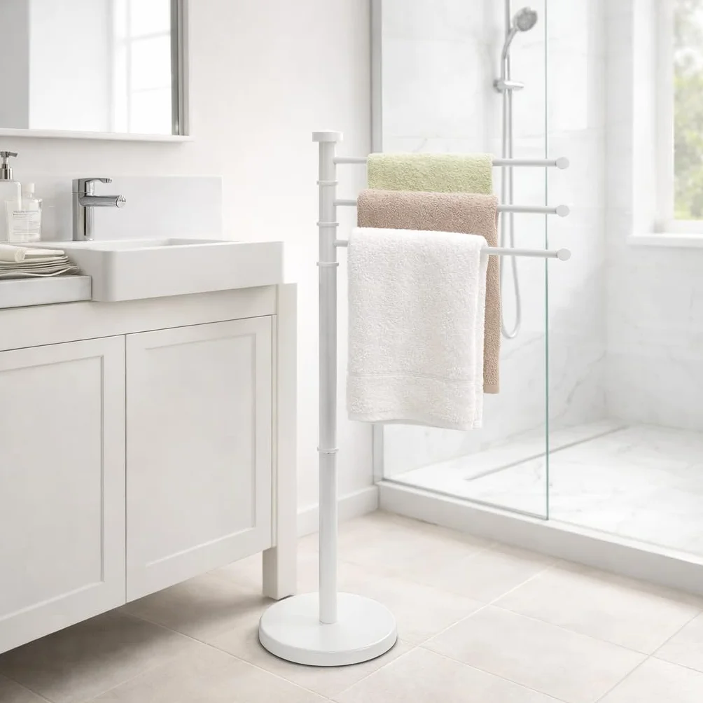 Portasciugamani da Terra Acciaio Inox Bianco 3 Bracci Girevoli 90 cm