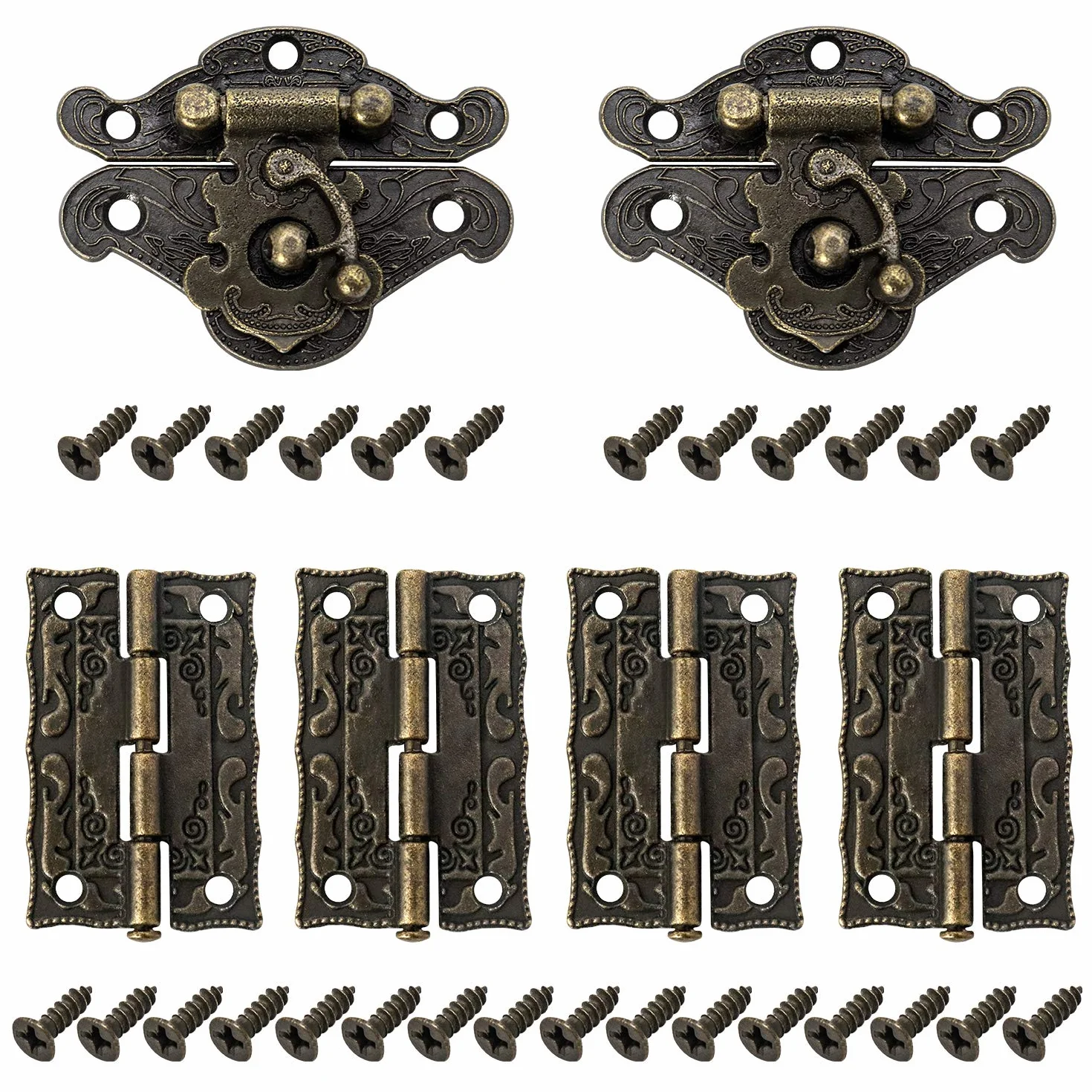QWORK Serratura antica a gancio Hasp Set di 2 con cerniere e viti per contenitore in legno