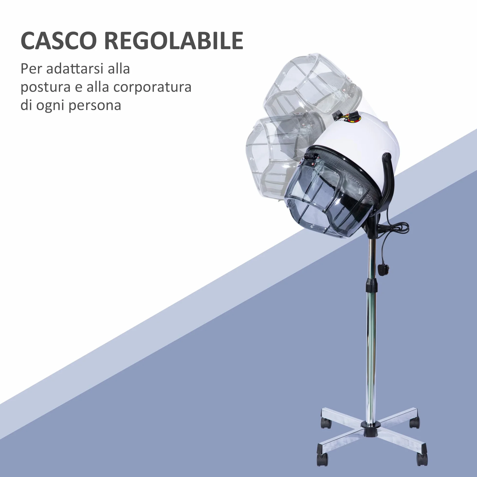 HOMCOM Casco Asciugacapelli 1180W ad Altezza Regolabile, Casco per Capelli con Timer 60 Minuti e Ruote Girevoli, in PP, PC e Acciaio, 65x65x115-165 cm, Bianco