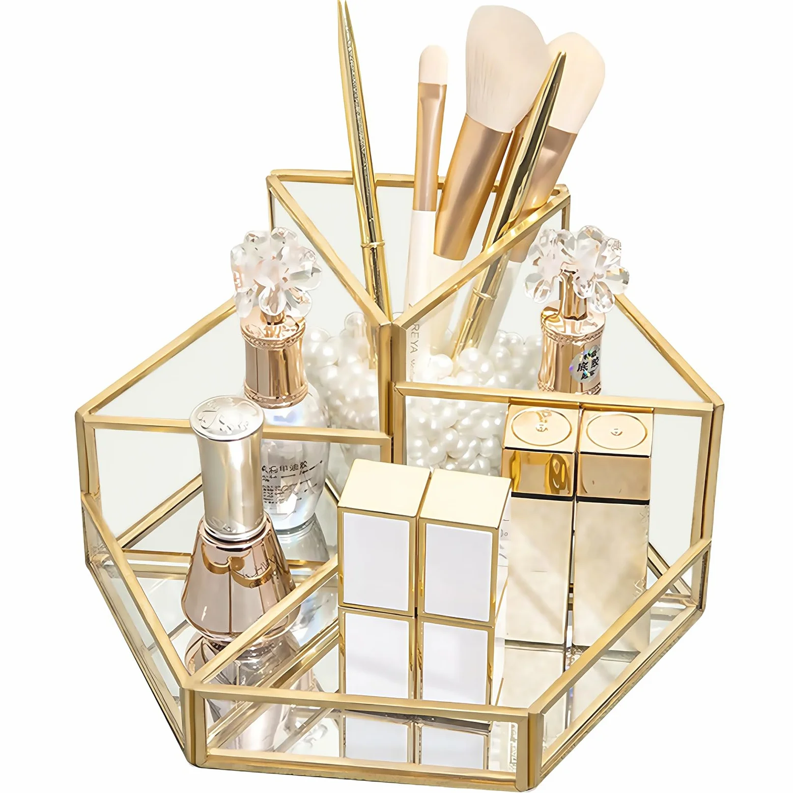Organizer Trucchi, Porta trucchi in oro, Vetro Porta Pennelli Make Up, 5 Scomparti Porta Trucchi Organizer da Bagno