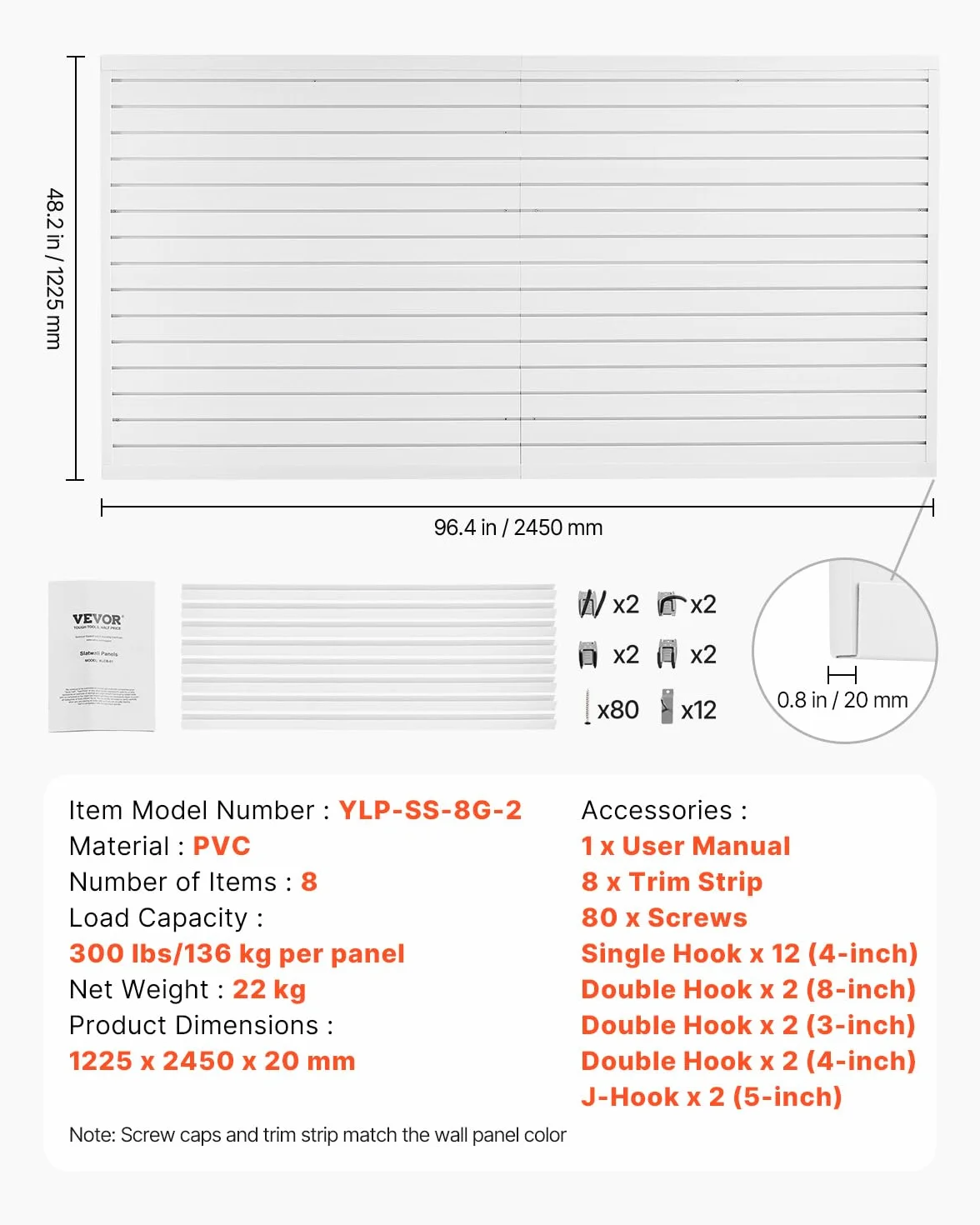 VEVOR Pannelli per Pareti a Doghe Garage Regolabile 1225 x 2450 x 20 mm Bianco