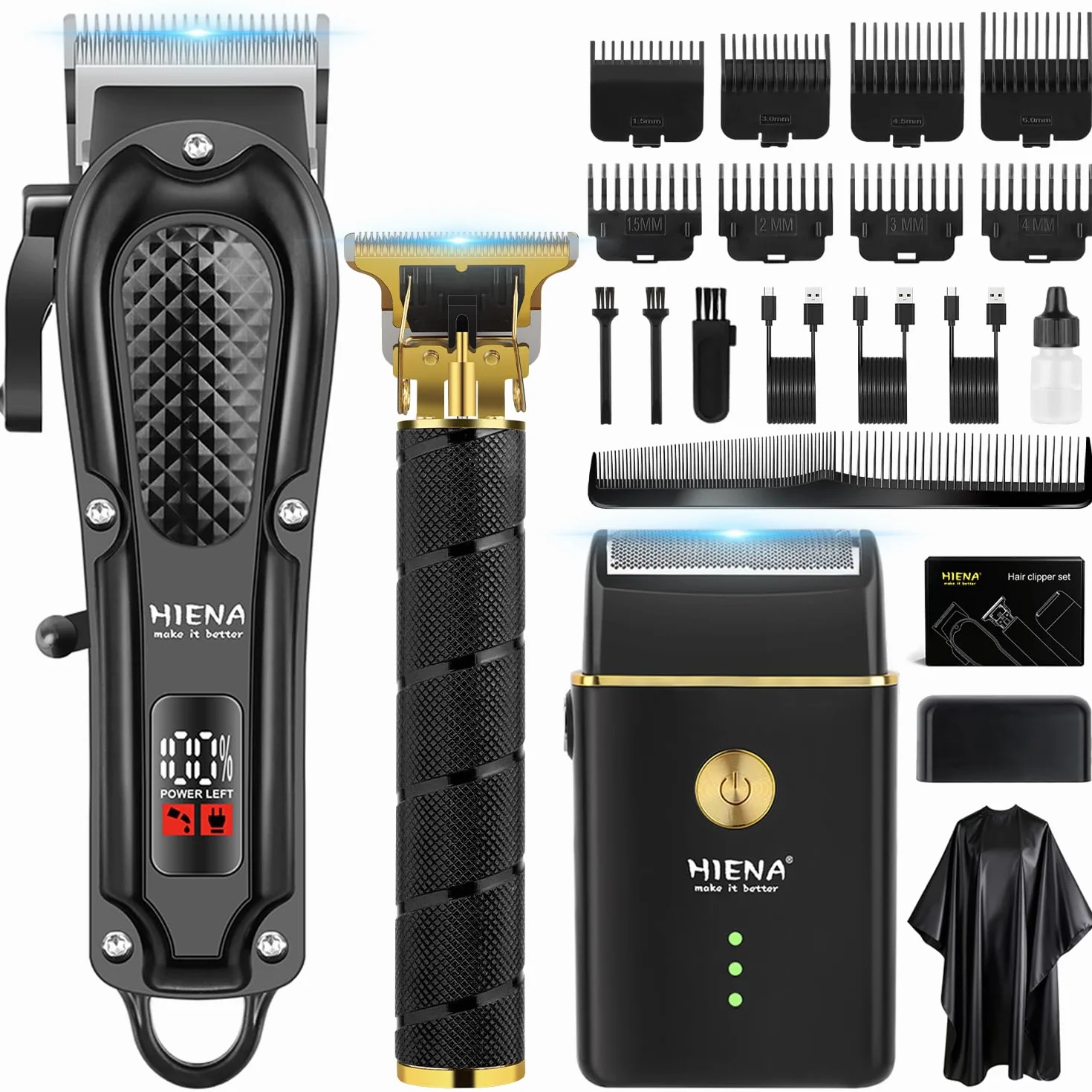 HIENA PRO Tagliacapelli Uomo Professionale, Macchinetta per Capelli Senza Fili, Regolabarba, Rasoio a Lamina, Kit Completo per Rasatura e Taglio di Capelli Elettrico