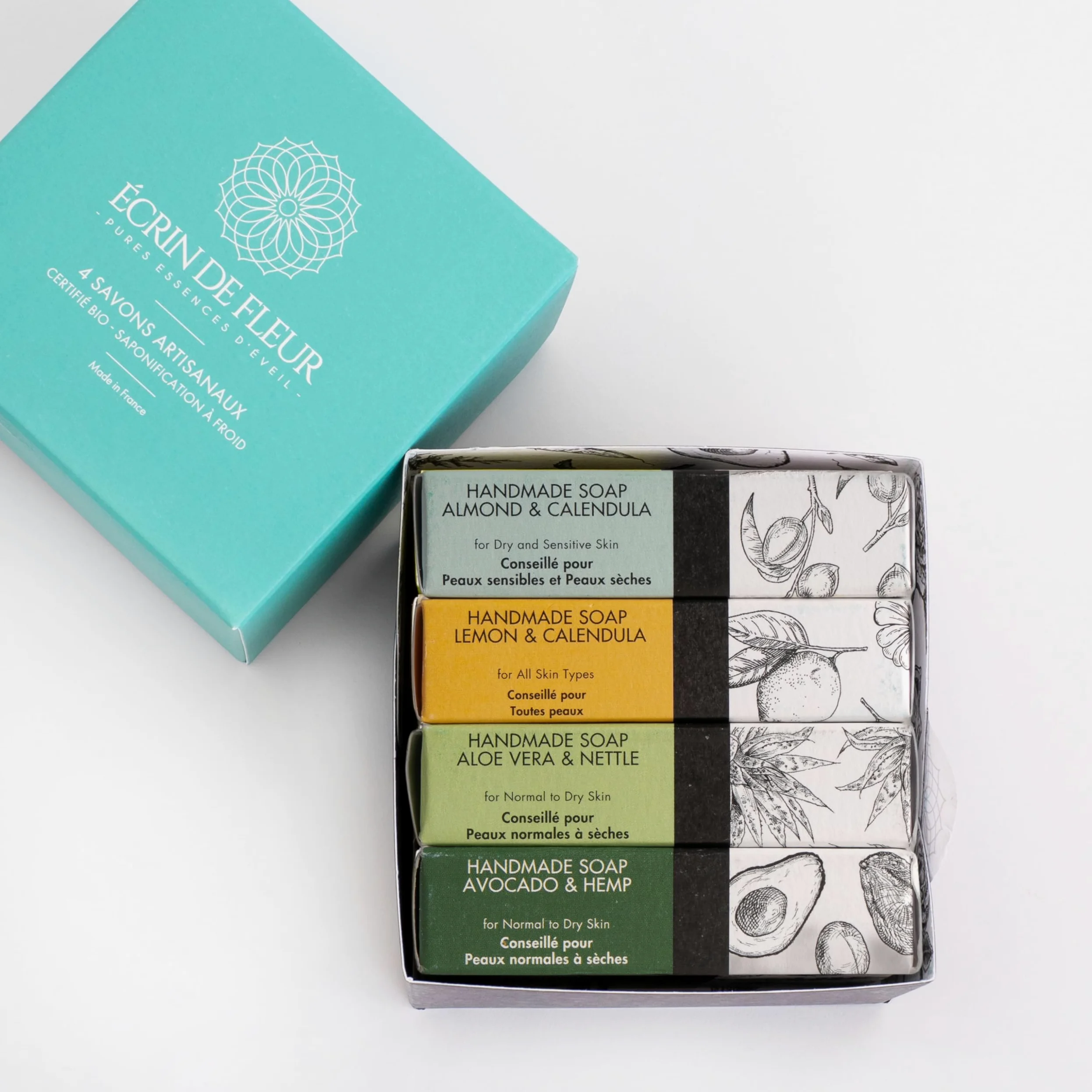 Cofanetto Saponi Biologici, Artigianali in Francia, Certificati COSMOS & Nature et Progrès, Aloe Vera, Avocado, Mandorla & Limone, 4 x 90g