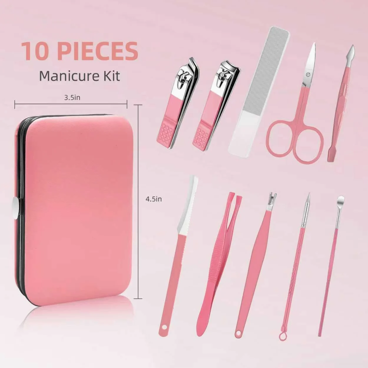 Andrea Set per manicure, 10 pezzi, kit professionale per unghie in acciaio inossidabile, kit portatile per manicure e pedicure, kit per la cura delle unghie (rosa)