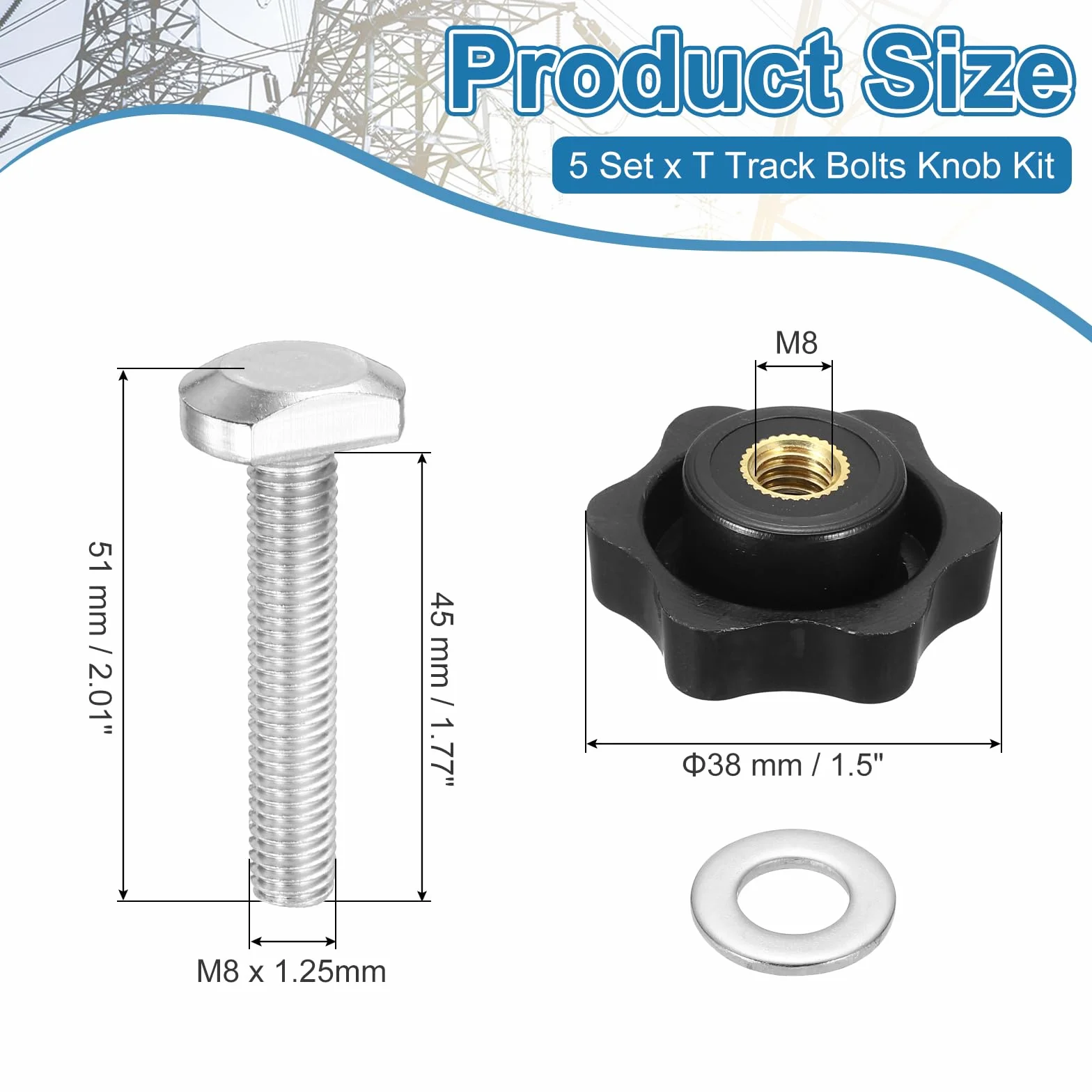 PATIKIL T Track Kit Bulloni Filettati M8 x 45mm x 38mm Rondelle Dadi A Stella 6 Punte Accessori Argento Nero