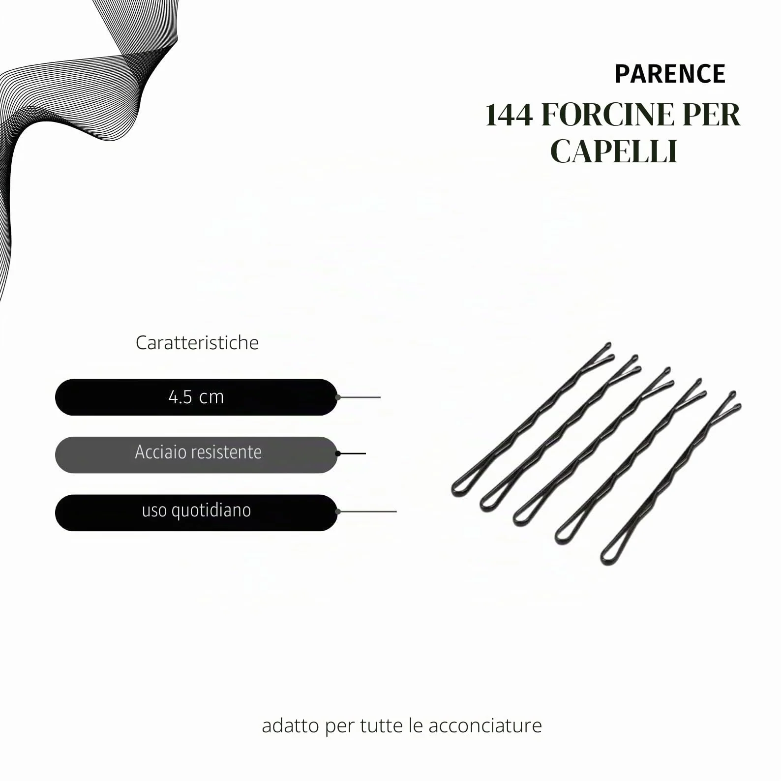 PARENCE.- Set di 144 forcine nere standard - clip in acciaio, tutti i tipi di capelli - 144 pezzi