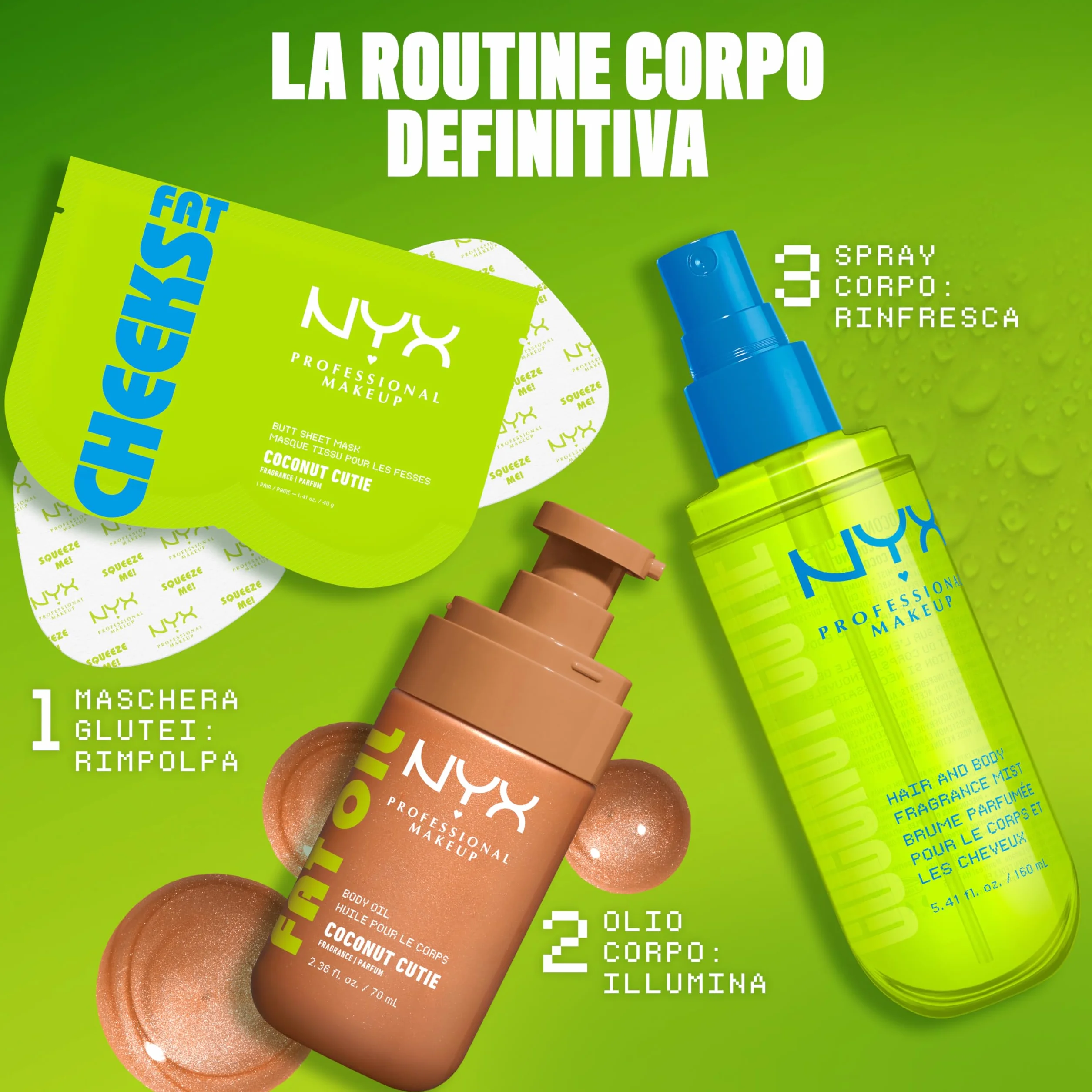 NYX Professional Makeup Fat Oil Body Mist Spray Corpo e Capelli, Fragranza Dolce, Effetto Delicato, Note di Cocco e Pesca, Coconut Cutie, 80 ml