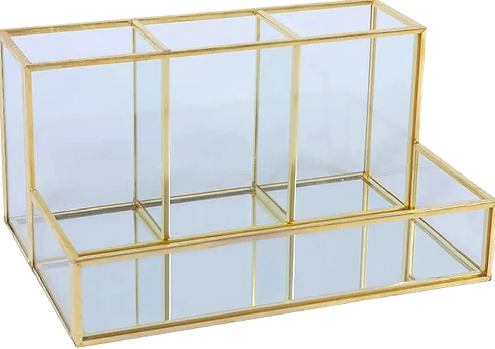 Porta Pennelli per Trucco - Organizer per Cosmetici Oro - Organizer per Trucco Trasparente - Scatola Portaoggetti da Scrivania - Vassoio Portaoggetti per Gioielli in Vetro