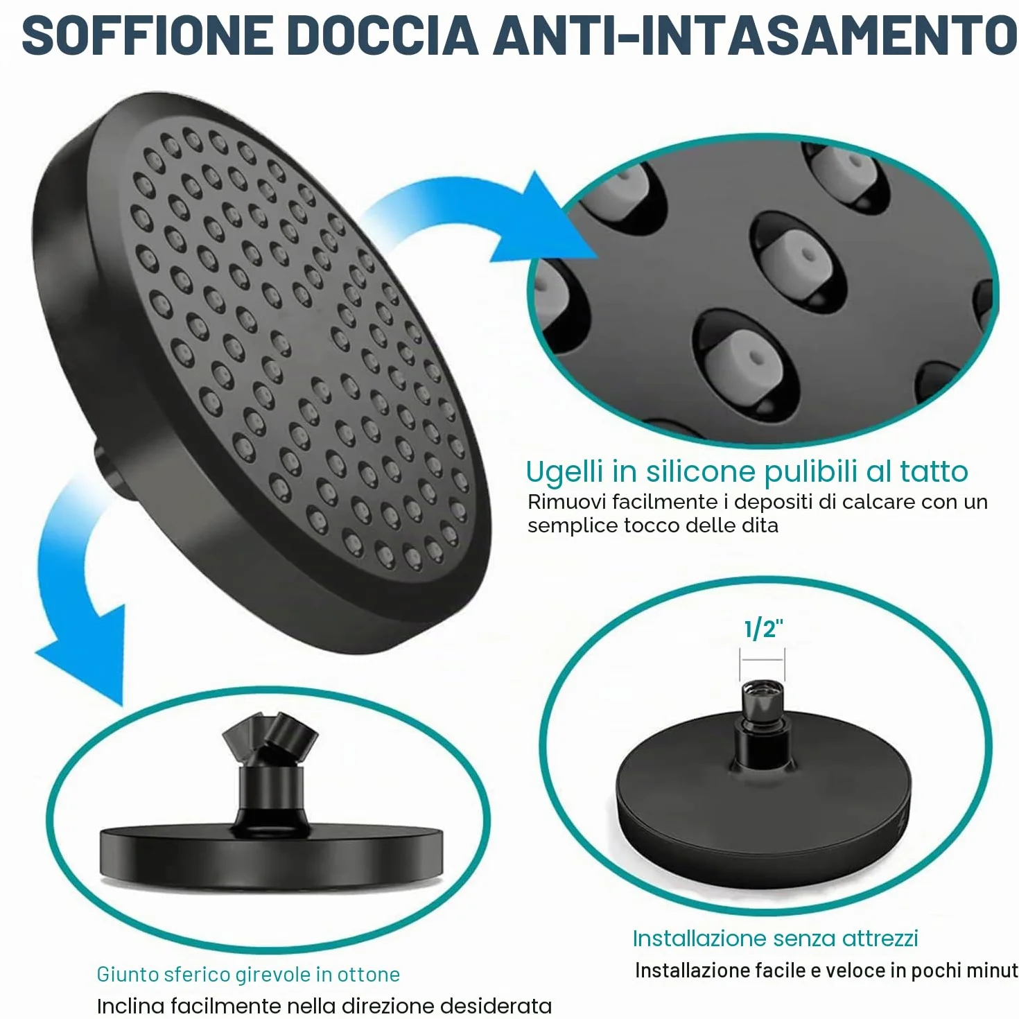 Soffione Doccia Anticalcare Fisso Pioggia Rotondo Regolabile 360° Pulizia Automatica Negro