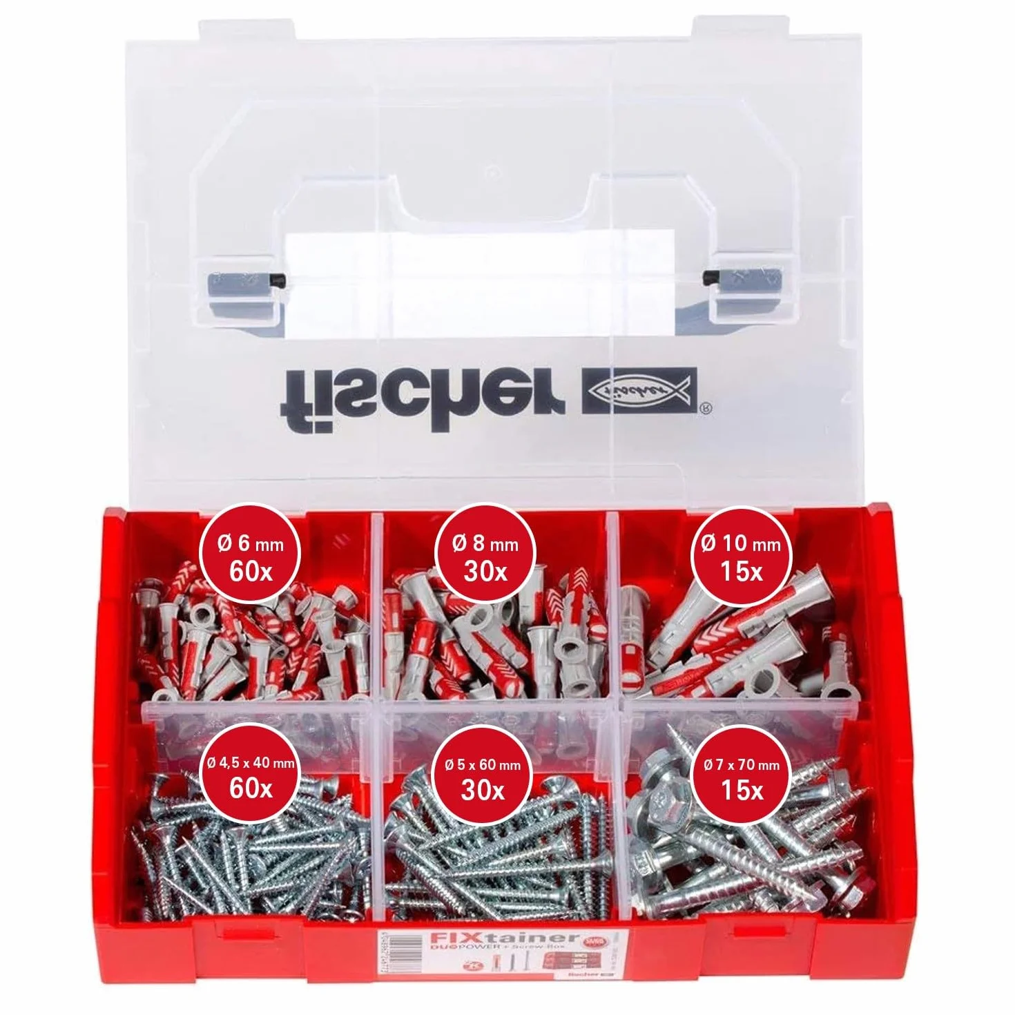 Fischer FixTainer DuoPower valigetta assortimento tasselli e viti kit fissaggio 210 pezzi 6x30 8x40 10x50 mm