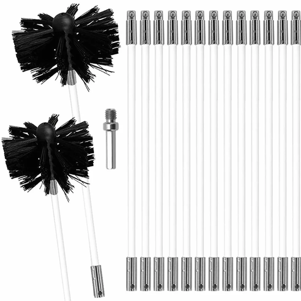 Kit Pennello Pulizia Camino Spazzola Nylon Rotante Flessibile 15 Aste 150mm 100mm