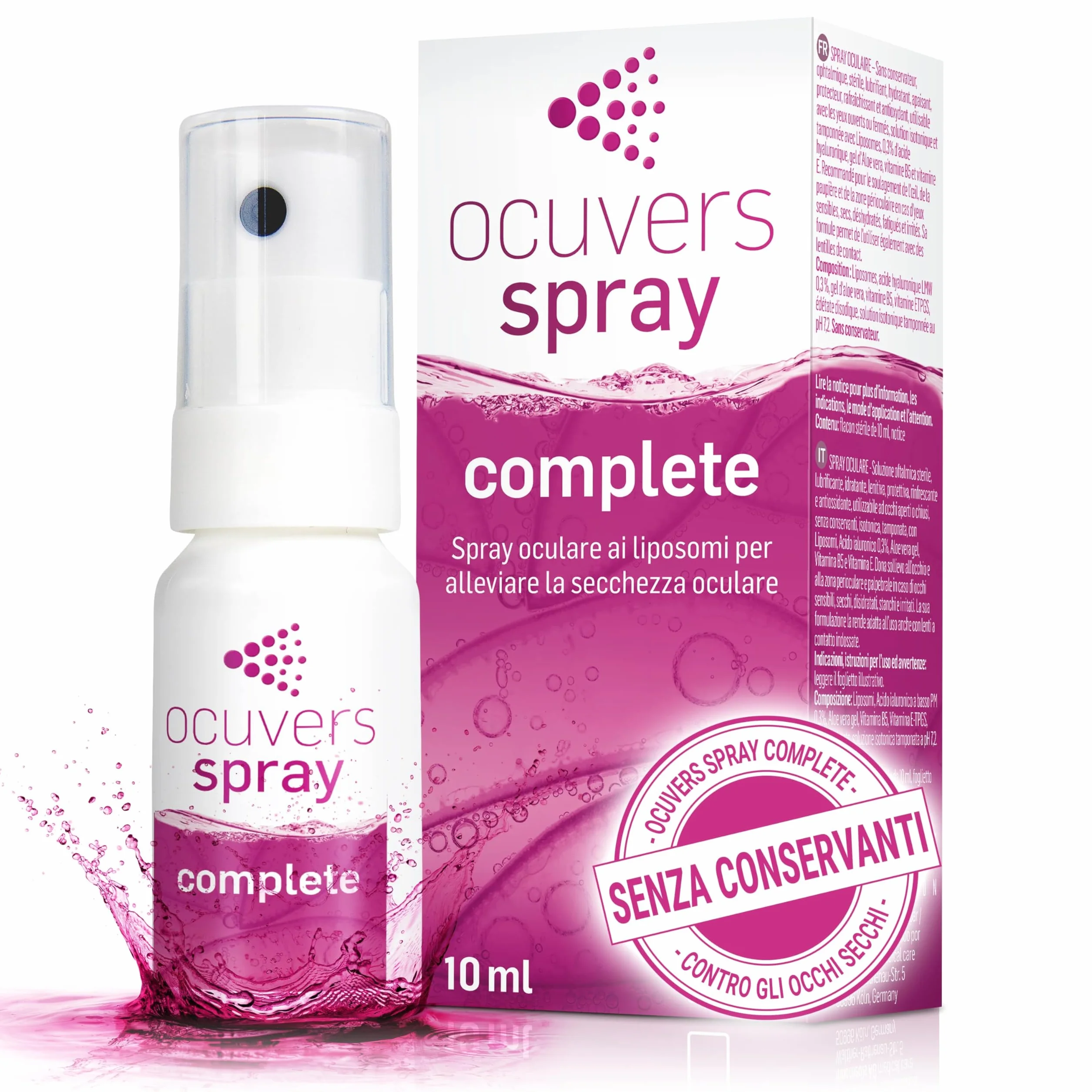 Ocuvers Complete spray oculare con 0,3% di acido ialuronico, liposomi, aloe vera, vitamina B5 e vitamina E – Spray per occhi secchi – L’alternativa alle gocce oculari, 10 ml