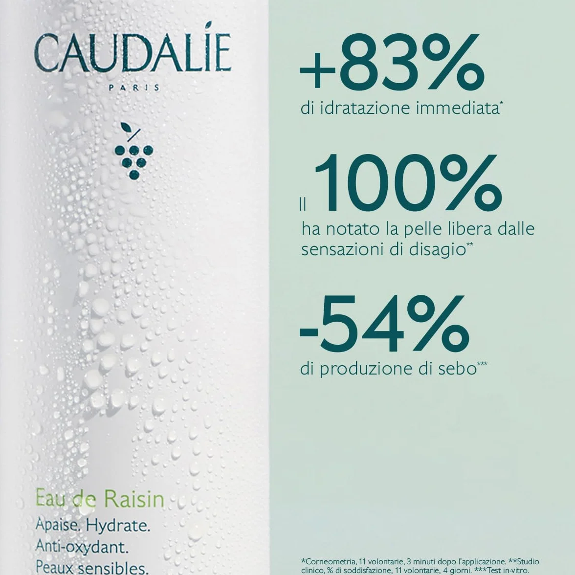 Caudalie Acqua d'Uva – Bruma Lenitiva e Idratante, 100% Uva Bio, Prebiotica e Antiossidante, Pelli Sensibili, Testata Dermatologicamente, Vegano, 300 mL