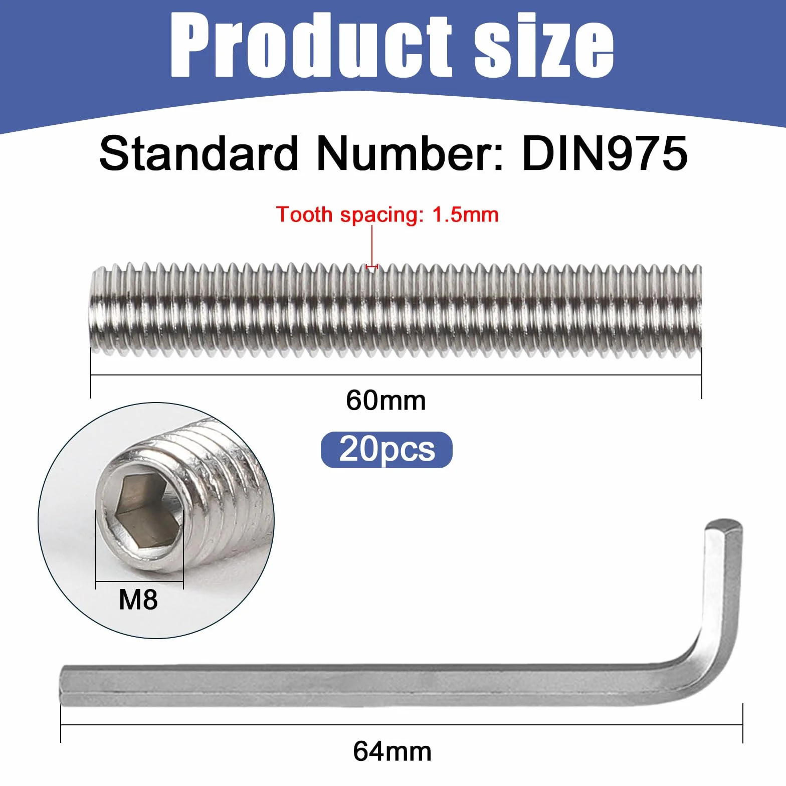 Perni Filettati in Acciaio Inox M8 x 60 mm con Chiave a Brugola, Barra Filettata DIN 975