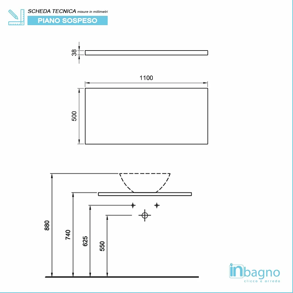 Inbagno Master Mensola sospesa per lavabo 140 cm Grigio Cemento Rivestimento Idrorepellente