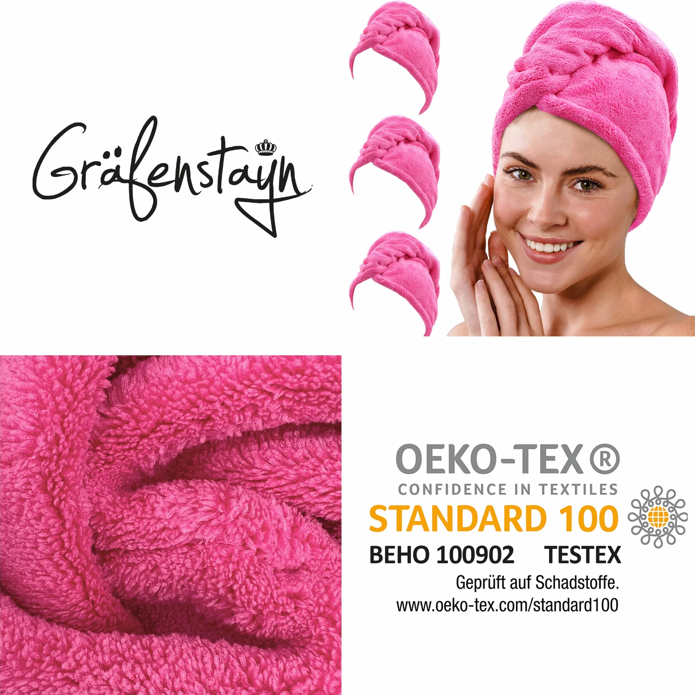 Gräfenstayn Set di 3 Asciugamani per Capelli in Microfibra con 2 bottoni - Asciugamano a turbante ad asciugatura rapida e assorbente - per capelli corti e lunghi (Fucsia)