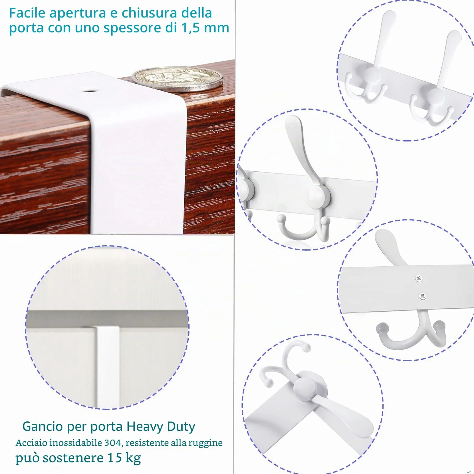 LYLIN Attaccapanni da Porta in Acciaio Inox 15 Ganci Bianco 2.1 cm