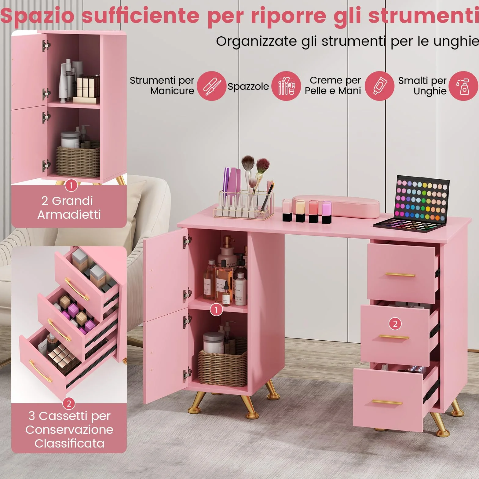 COSTWAY Tavolo per Manicure, Tavolo per Unghie con Cassetti, Cuscino Poggia Polsi e Gambe in Metallo, Stazione per Unghie Estetista Nail Art per Salone di Bellezza (Rosa)