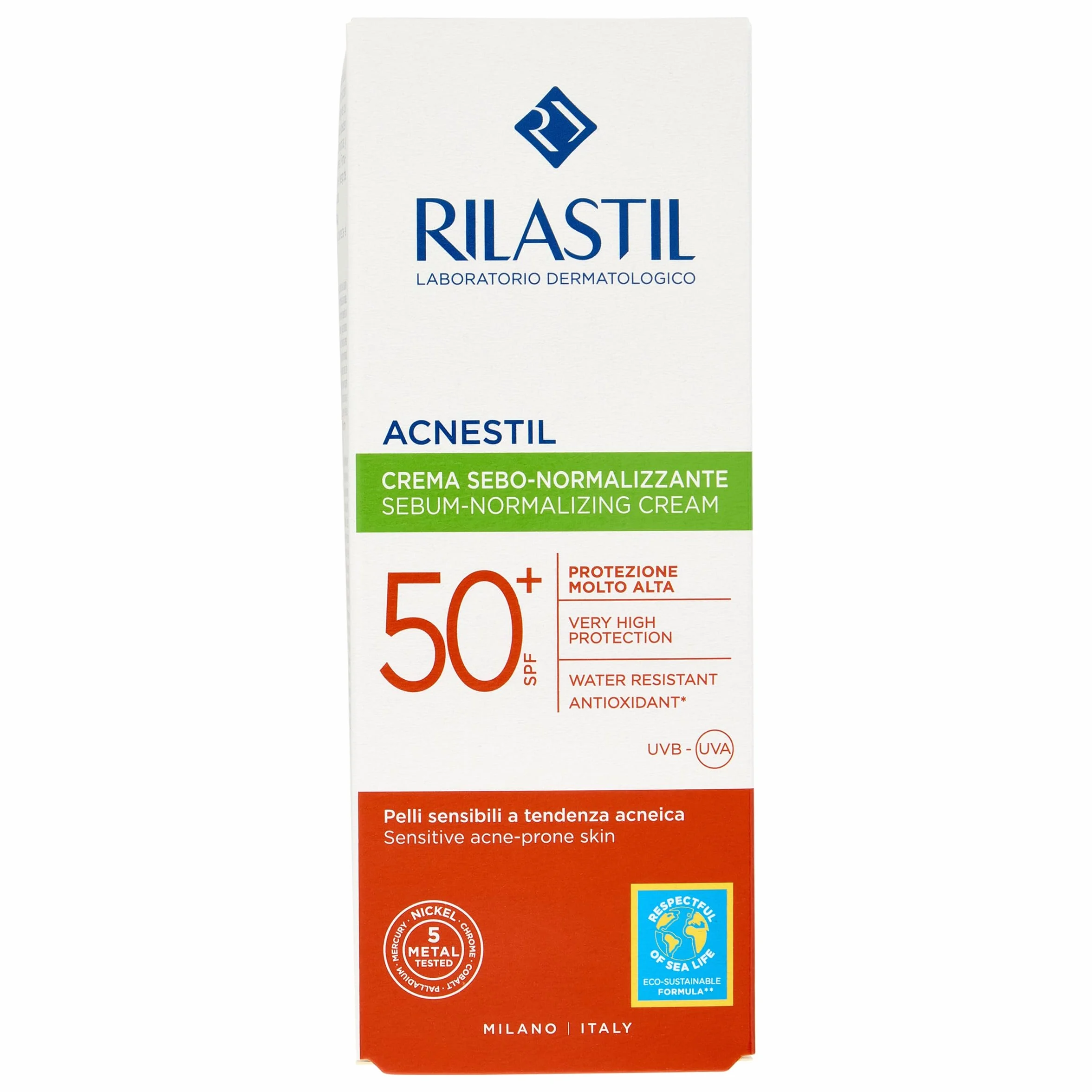 Rilastil Acnestil Crema Sebo-Normalizzante, Azione Lenitiva e Opacizzante, Antierima Solare, per Pelli Sensibili a Tendenza Acneica SPF 50+, Confezione da 40 ml