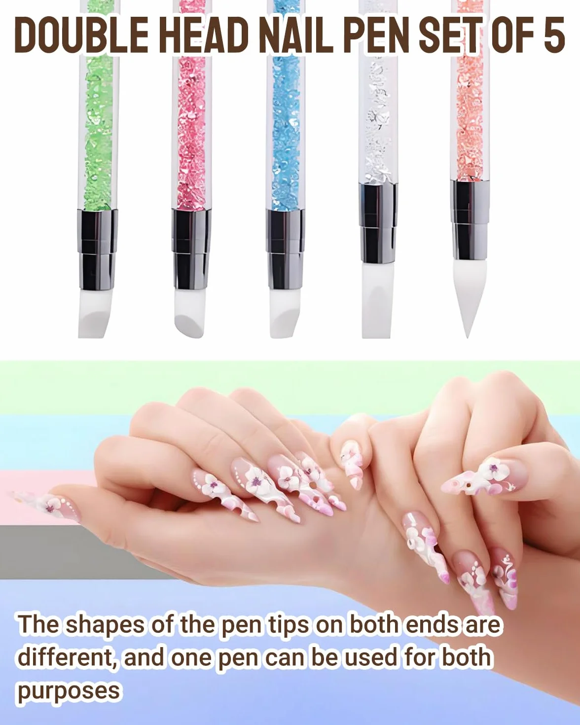 5 Pezzi Pennelli in Silicone per Unghie, Silicone Nail Art Sculpture Pen, Pennelli in Nail Gel Scultura Penna Matita Strumento Per Unghie Art Design Decorazione Kit