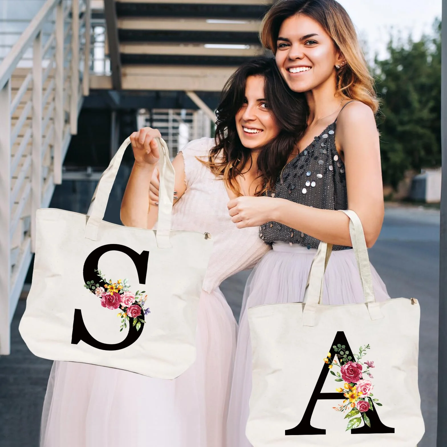 Borsa per il trasporto e trousse con iniziale, borsa per la spesa in tela con cerniera, personalizzata, in cotone, regalo per fidanzata, moglie, mamma, sorella, compleanno, matrimonio, festa della
