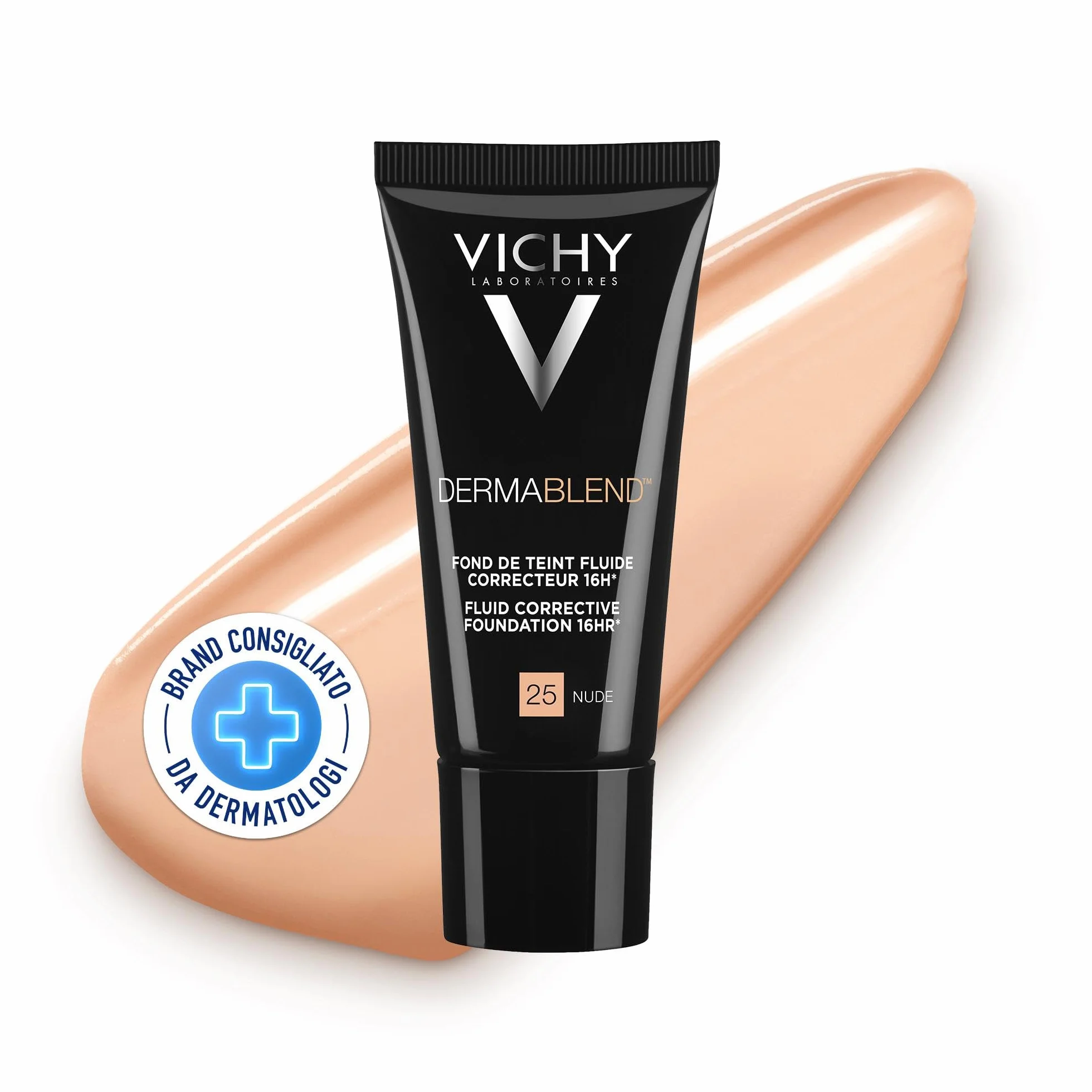 Vichy Dermablend Fondotinta Correttore Fluido, Alta Coprenza Senza Effetto Maschera, Tenuta 16H, Imperfezioni Nascoste e Pelle Radiosa, Per Tutti i Tipi di Pelle, Tonalità: 25, 30 ml