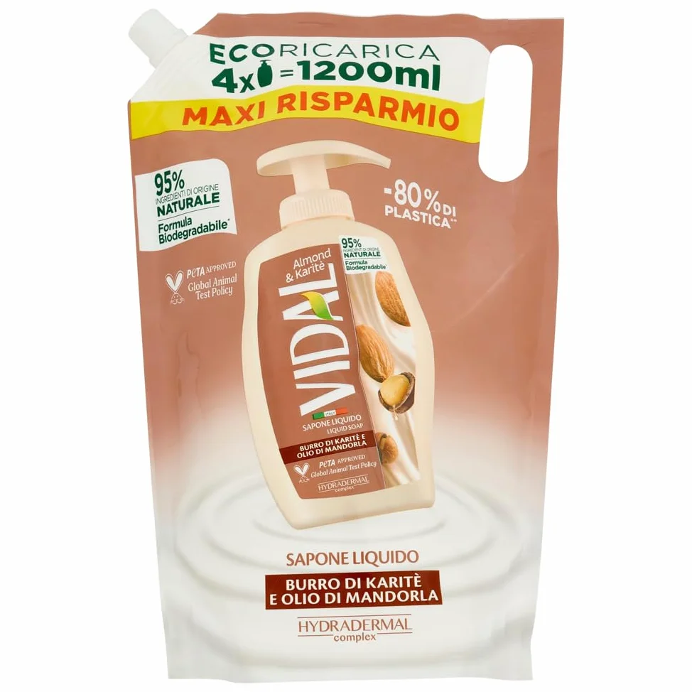 6 saponi liquidi Vidal Almond & Karitè Sapone, burro di karitè e olio di mandorle, sapone Eco Recharge da 1200 ml + portachiavi Beni Culinari