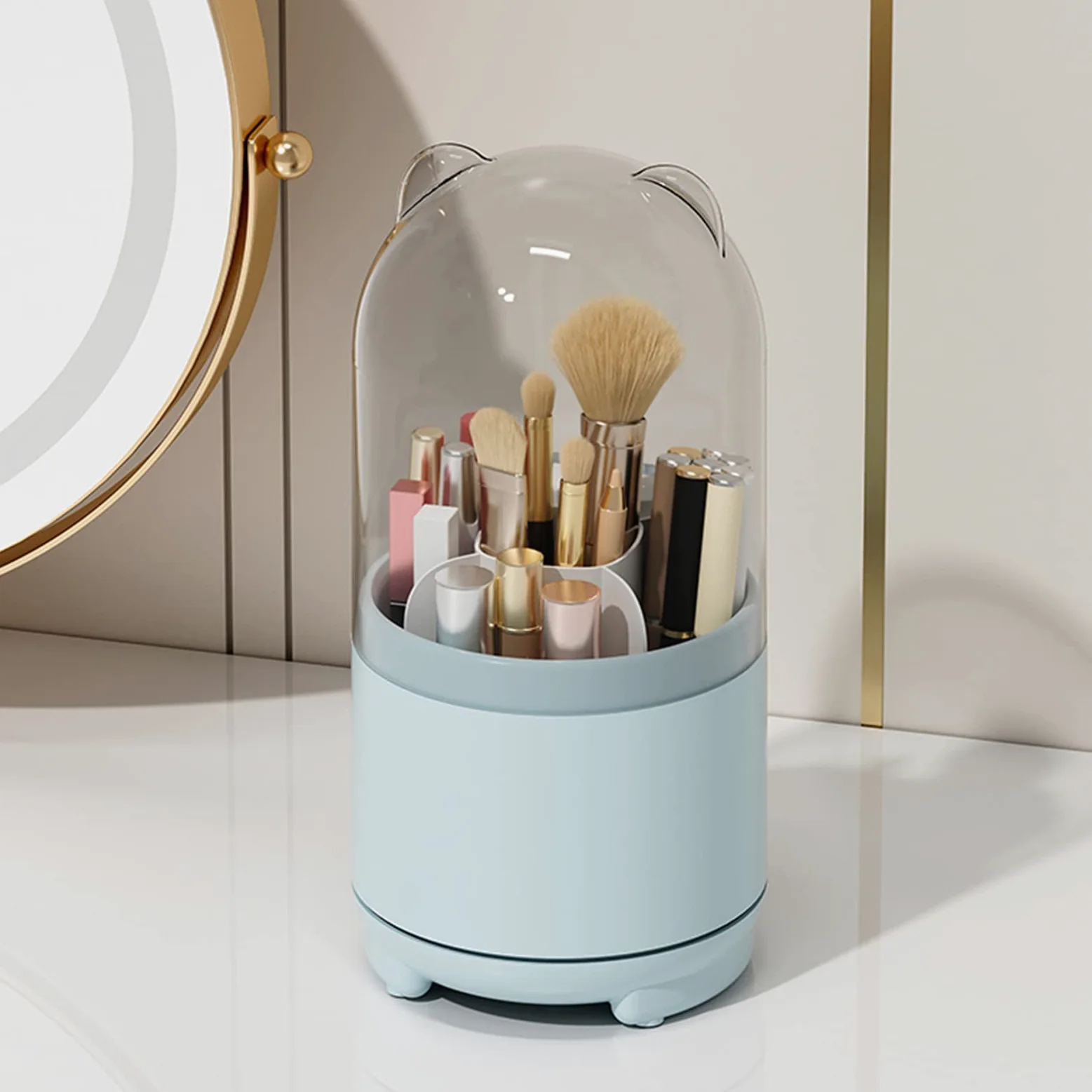 Contenitore per Pennelli da Trucco, Porta Pennelli da Trucco Girevole in Plastica con Base a 360 Gradi, Coperchio Antipolvere Trasparente, Scomparti Rimovibili, Grande capacità per il