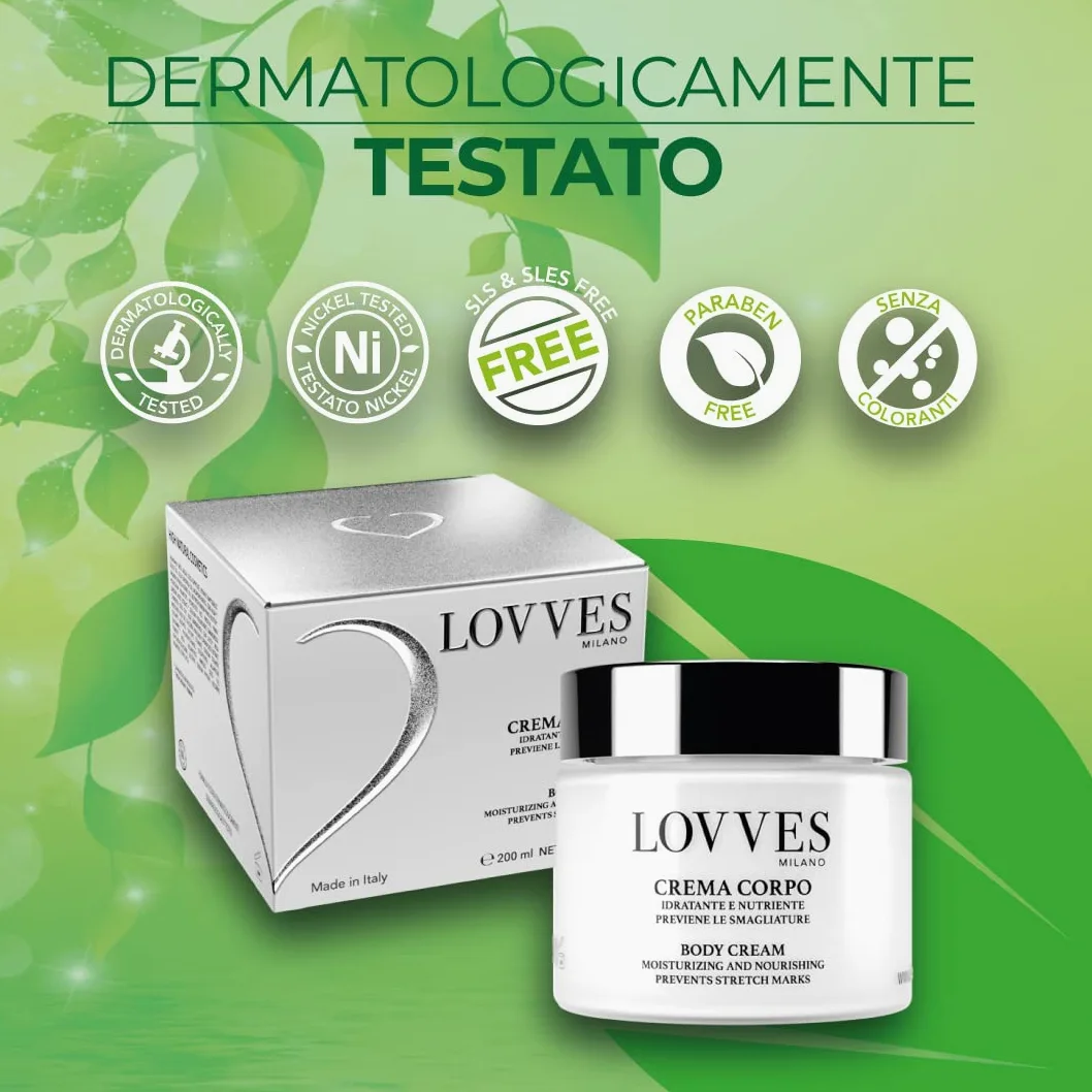 LOVVES Crema Corpo, Alta Cosmesi Naturale, Idratante Nutriente, Previene le Smagliature, indicata in Gravidanza, Tonifica e Rivitalizza la Pelle, la rende Morbida e Setosa, Vaso in Vetro 200ml