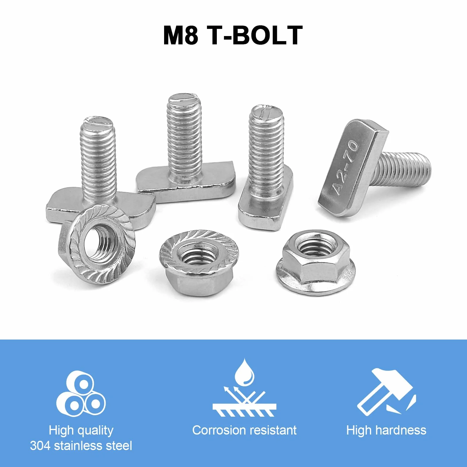 Viti a Testa Martello M8 x 20 mm T Bolt Bullone con Dadi a Flangia M8 per Moduli in PVC, Profilo Alluminio Fotovoltaico
